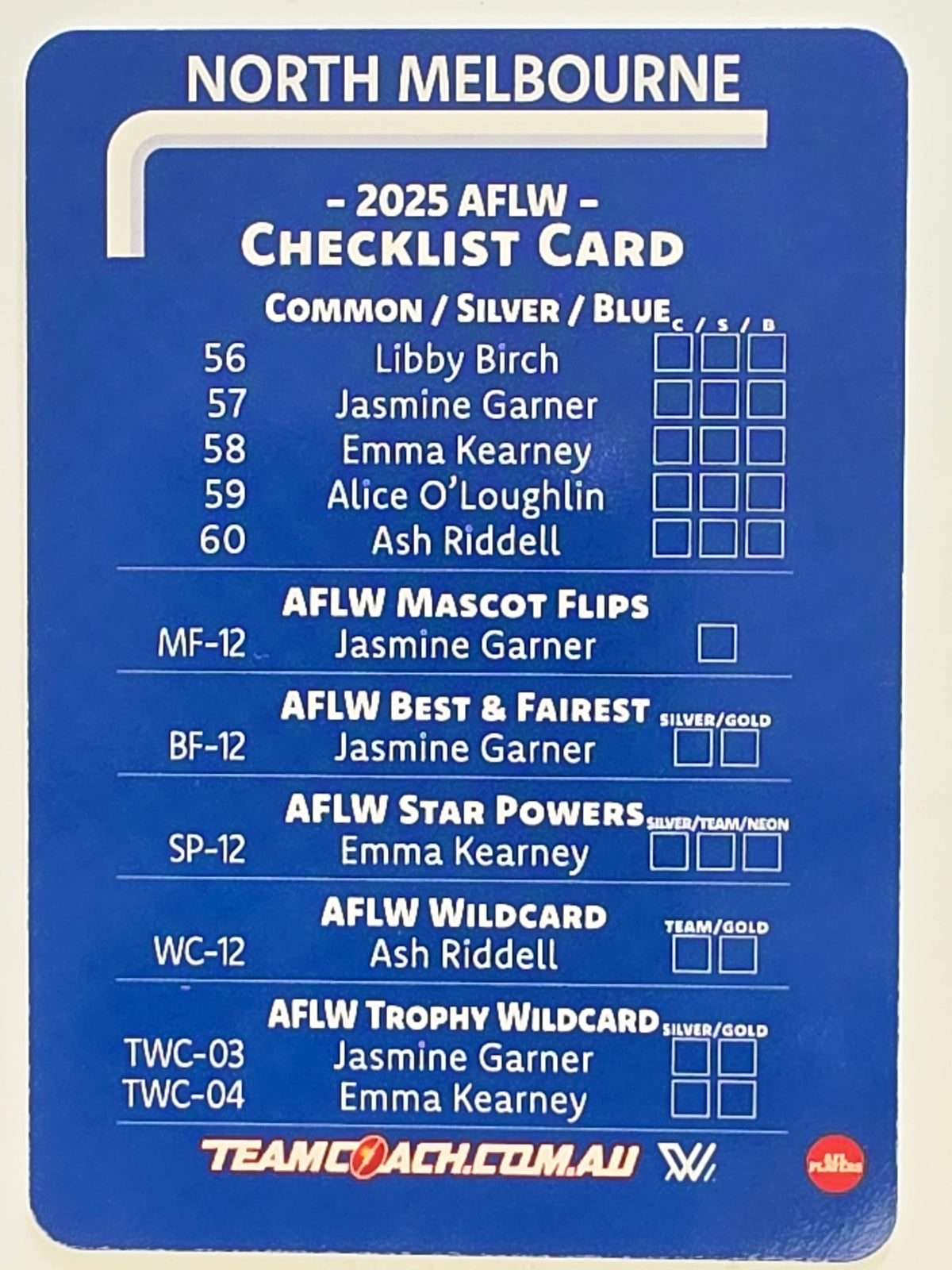 2025 AFLW TeamCoach | #CL-12 North Melbourne Kangaroos Checklist