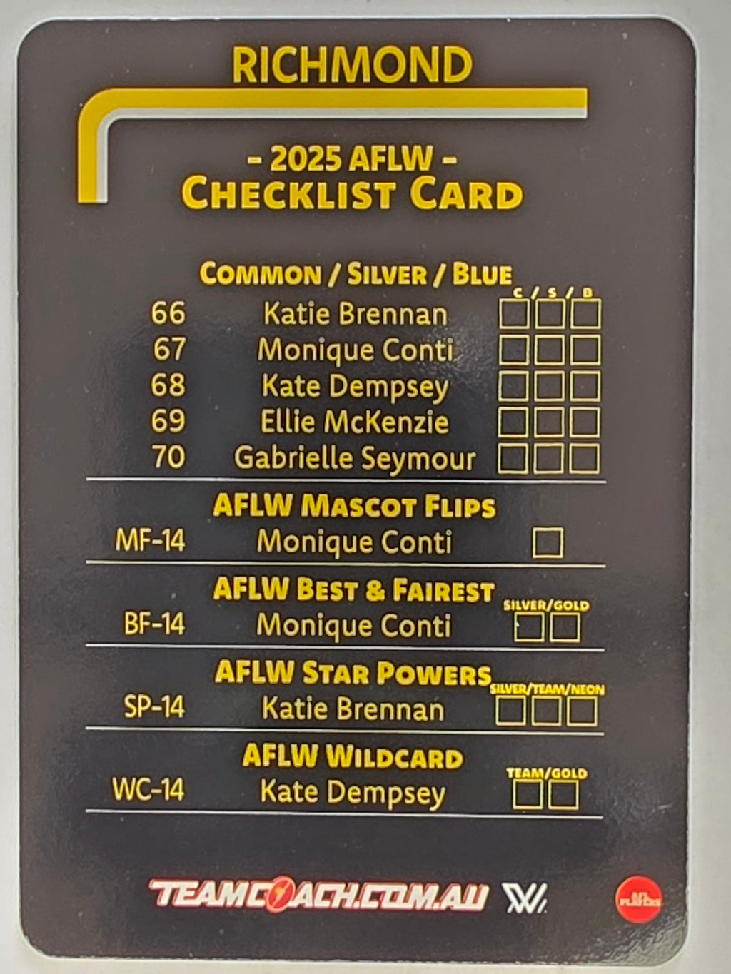 2025 AFLW TeamCoach | #CL-14 Richmond Tigers Checklist