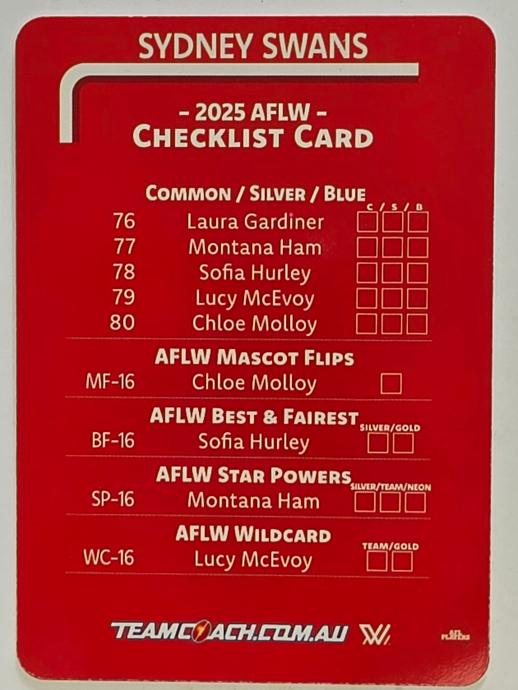 2025 AFLW TeamCoach | #CL-16 Sydney Swans Checklist