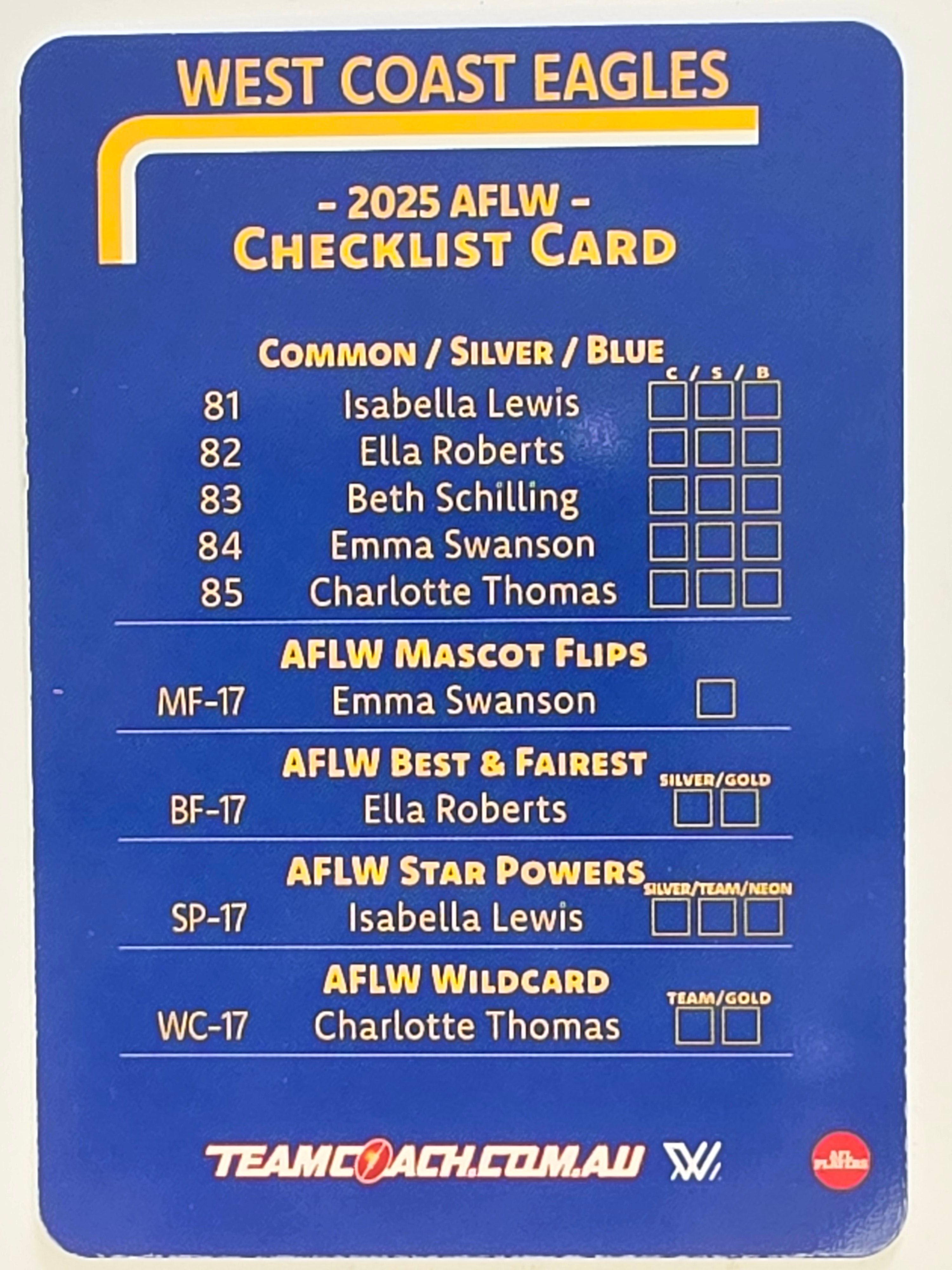 2025 AFLW TeamCoach | #CL-17 West Coast Eagles Checklist