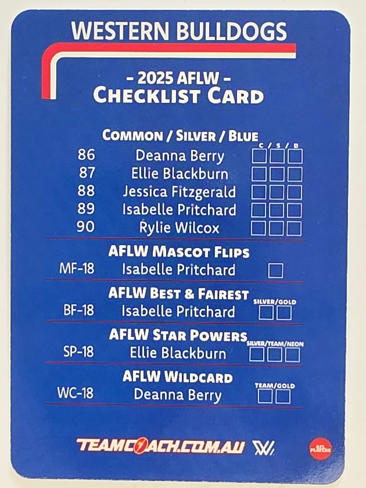 2025 AFLW TeamCoach | #CL-18 Western Bulldogs Checklist