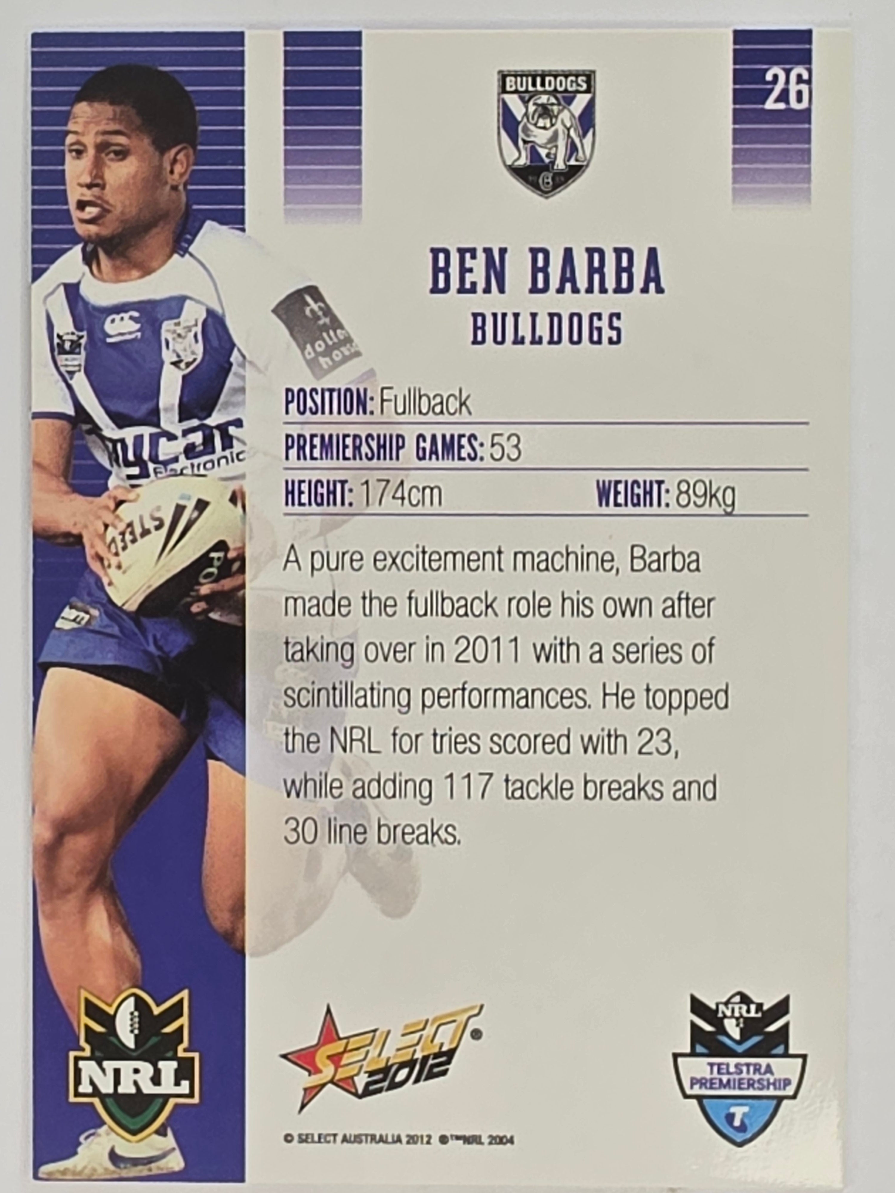 NRL 2012 Champions Promotional Card Base #26 Ben Barba Canterbury Bankstown Bulldogs