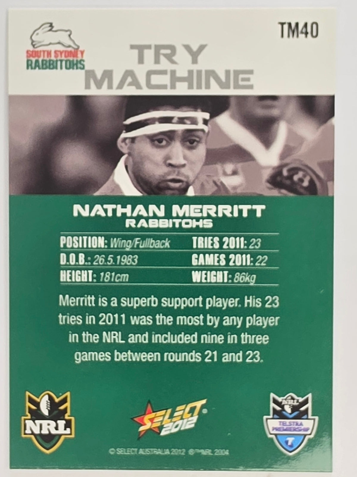 NRL 2012 Champions Promotional Card Try Machine #TM40 Nathan Merritt South Sydney Rabbitohs