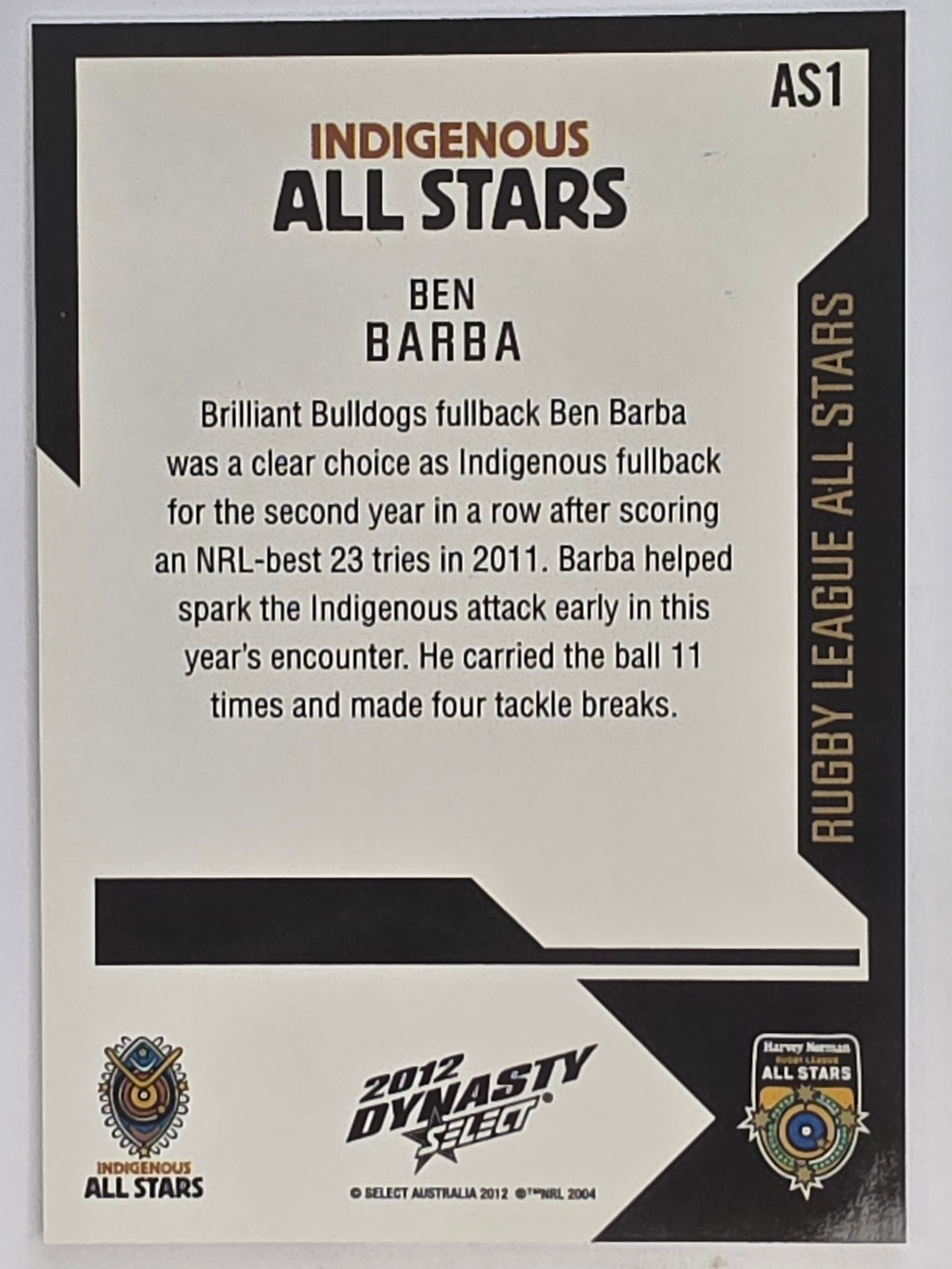NRL 2012 Dynasty Promotional Card All Stars #AS1 Ben Barba Indigenious All Stars