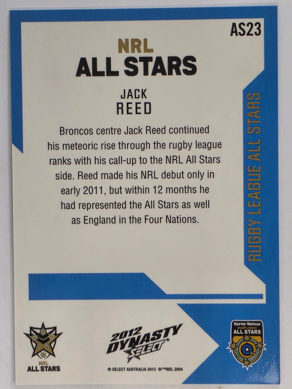 NRL 2012 Dynasty Promotional Card All Stars #AS23 Jack Reed NRL All Stars