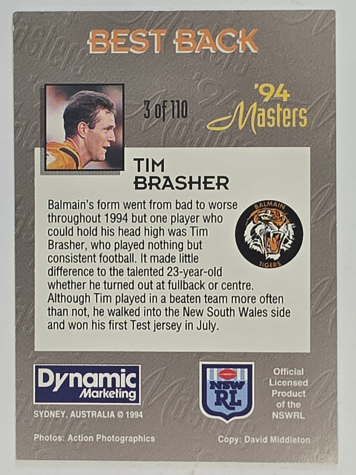 NRL 1994 Masters | #003 Tim Brasher | Balmain Tigers