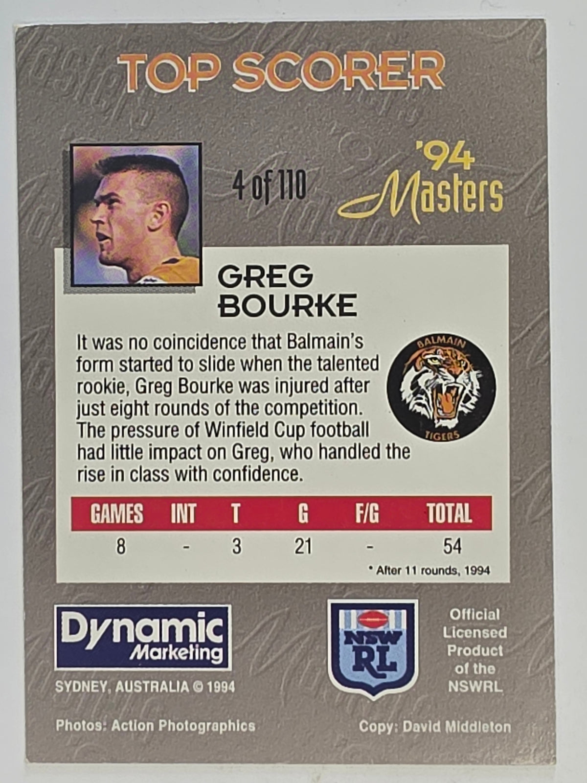 NRL 1994 Masters | #004 Greg Bourke | Balmain Tigers