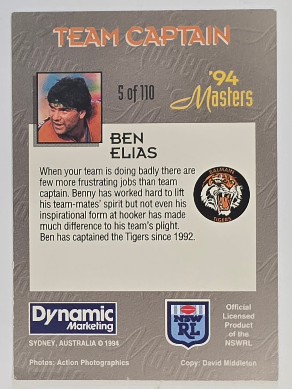 NRL 1994 Masters | #005 Ben Elias | Balmain Tigers
