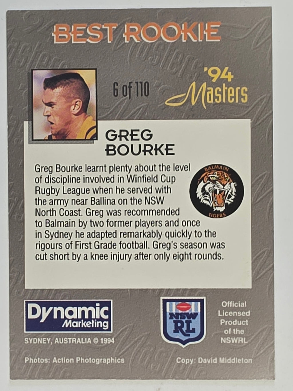 NRL 1994 Masters | #006 Greg Bourke | Balmain Tigers