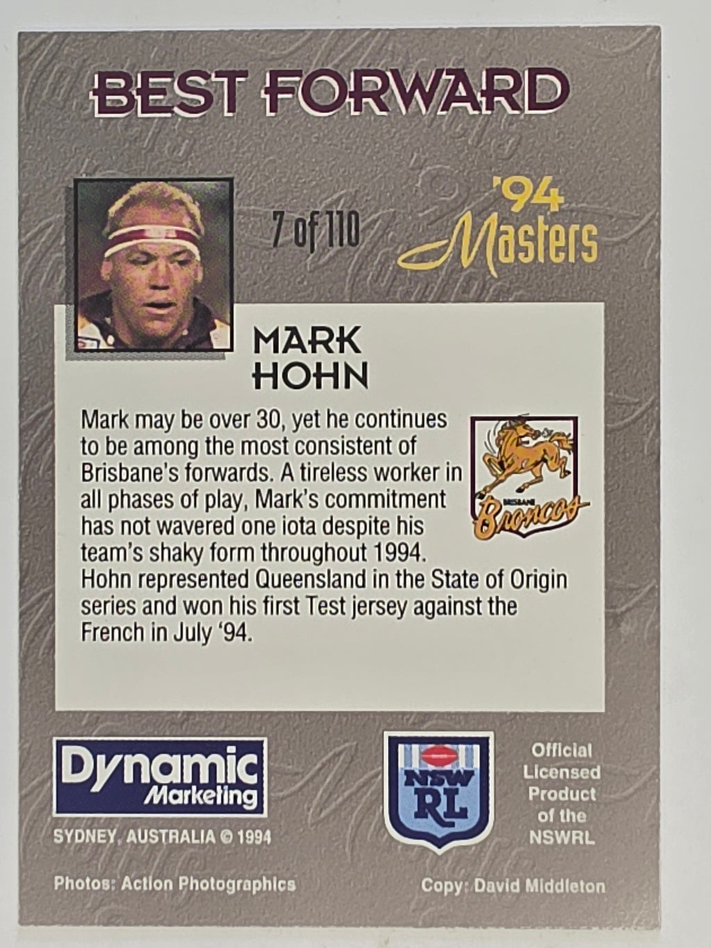 NRL 1994 Masters | #007 Mark Hohn | Brisbane Broncos