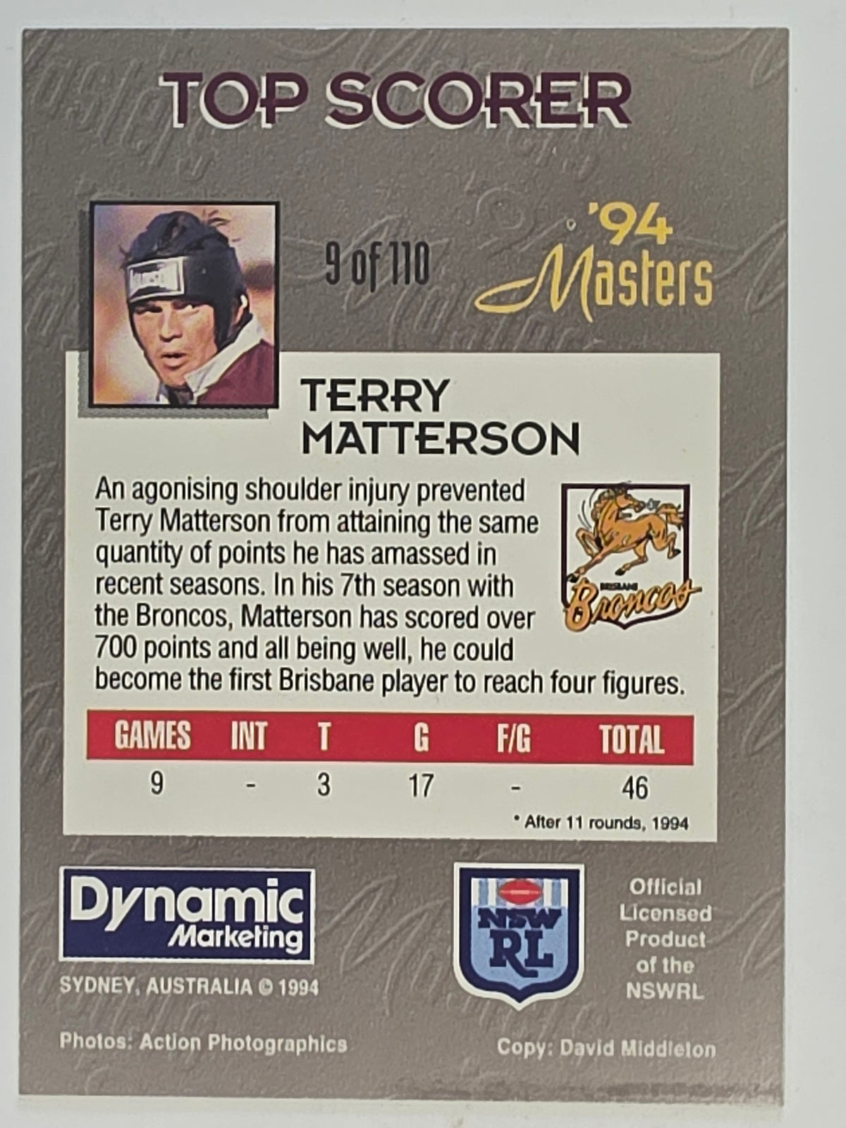 NRL 1994 Masters | #009 Terry Matterson | Brisbane Broncos