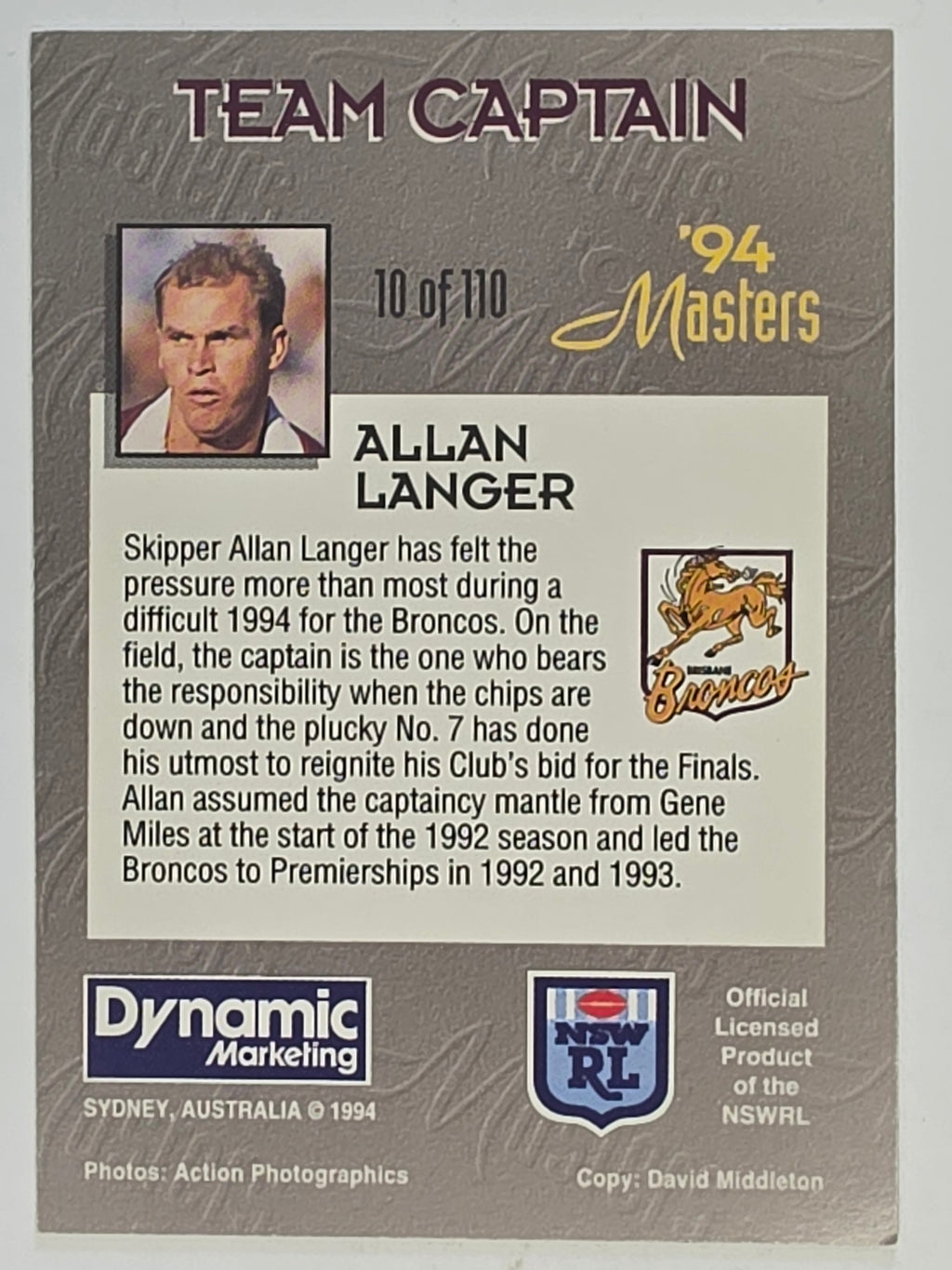 NRL 1994 Masters | #010 Allan Langer | Brisbane Broncos