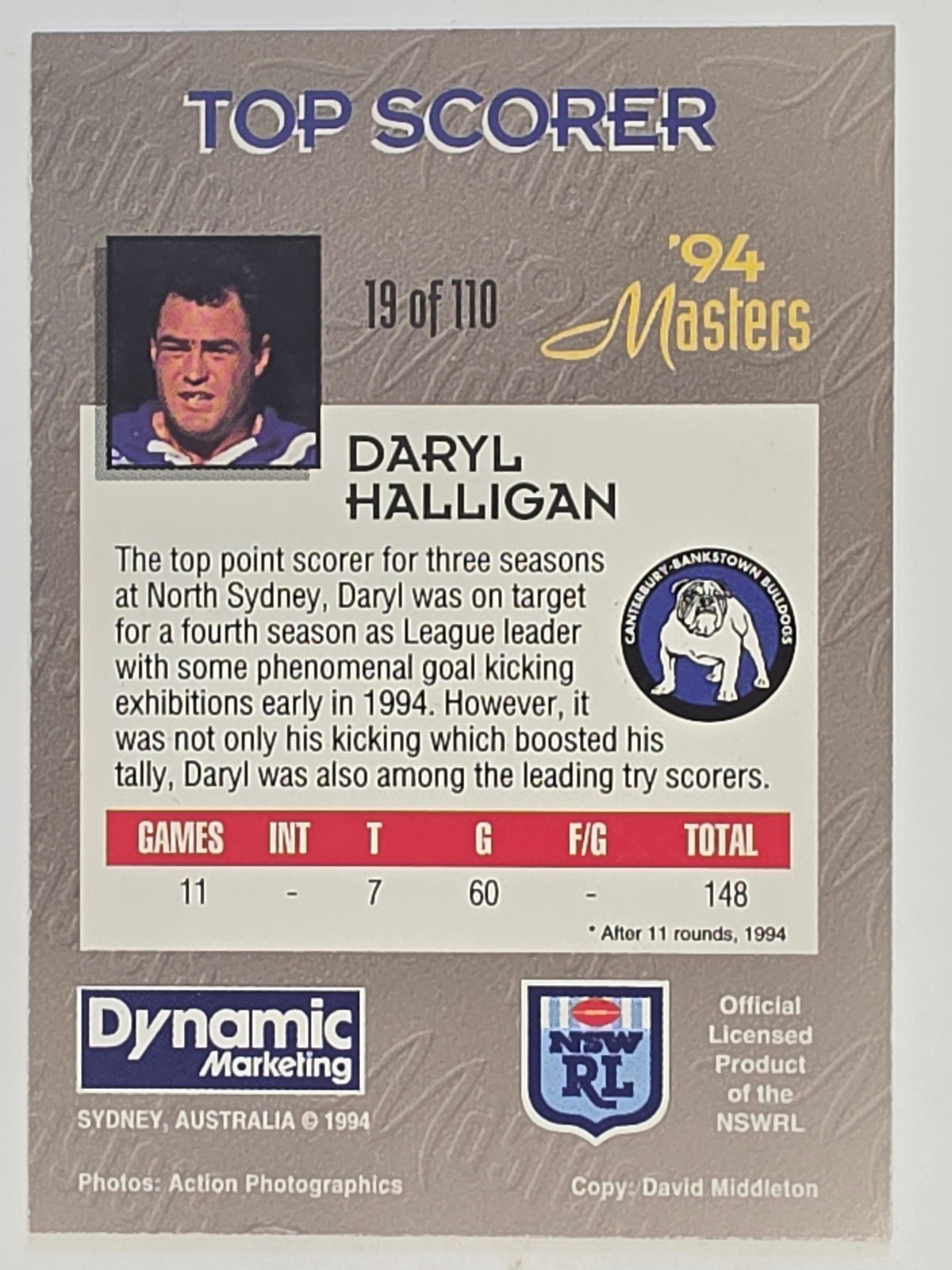 NRL 1994 Masters | #019 Daryl Halligan | Canterbury-Bankstown Bulldogs