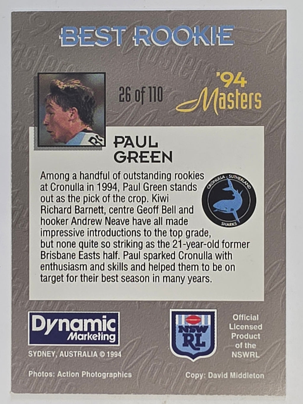 NRL 1994 Masters | #026 Paul Green | Cronulla-Sutherland Sharks