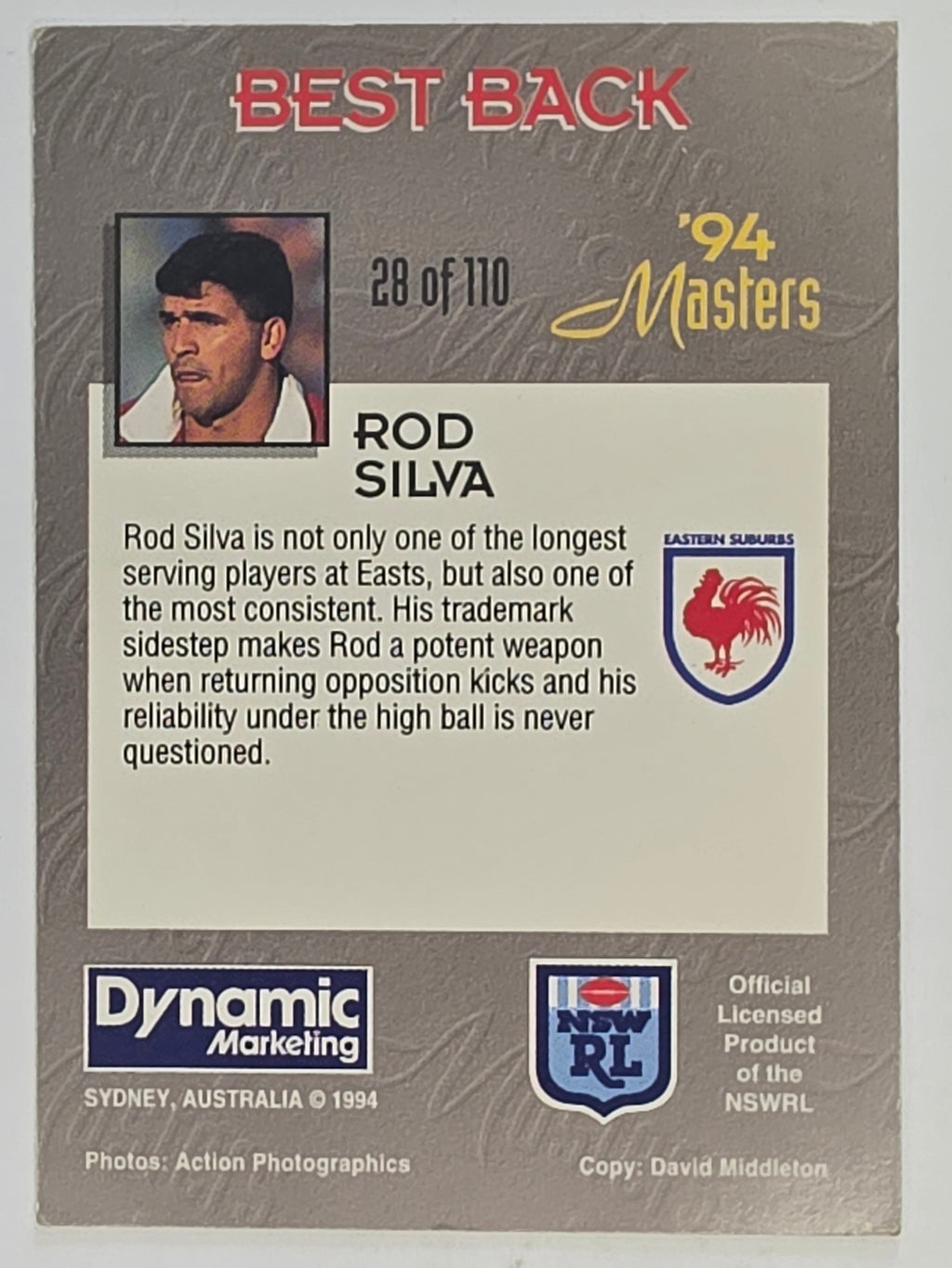 NRL 1994 Masters | #028 Rod Silva | Eastern Suburbs Roosters