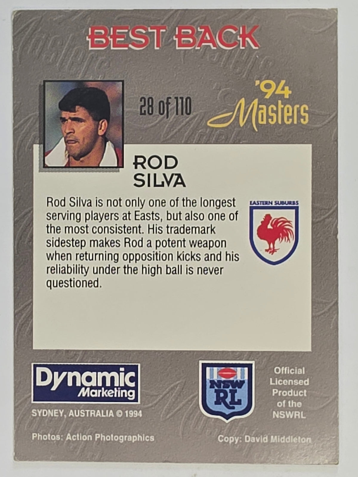 NRL 1994 Masters | #028 Rod Silva | Eastern Suburbs Roosters