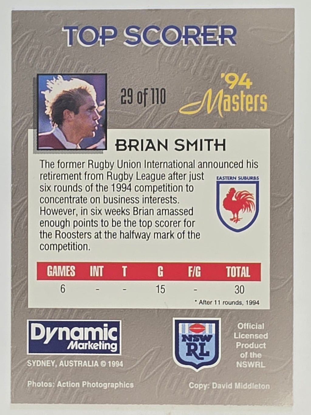 NRL 1994 Masters | #029 Brian Smith | Eastern Suburbs Roosters