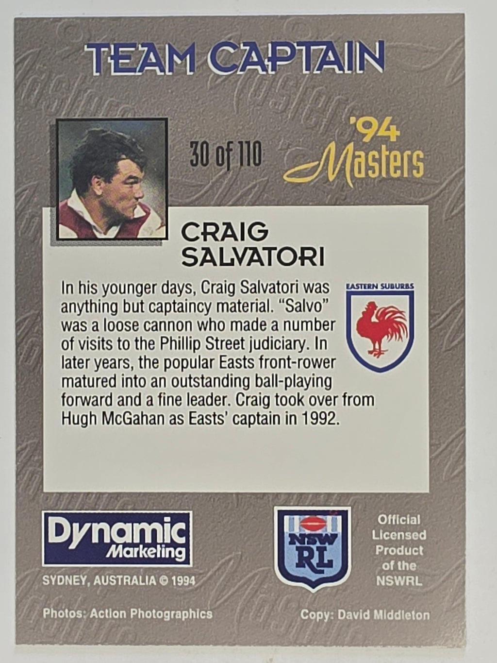 NRL 1994 Masters | #030 Craig Salvatori | Eastern Suburbs Roosters