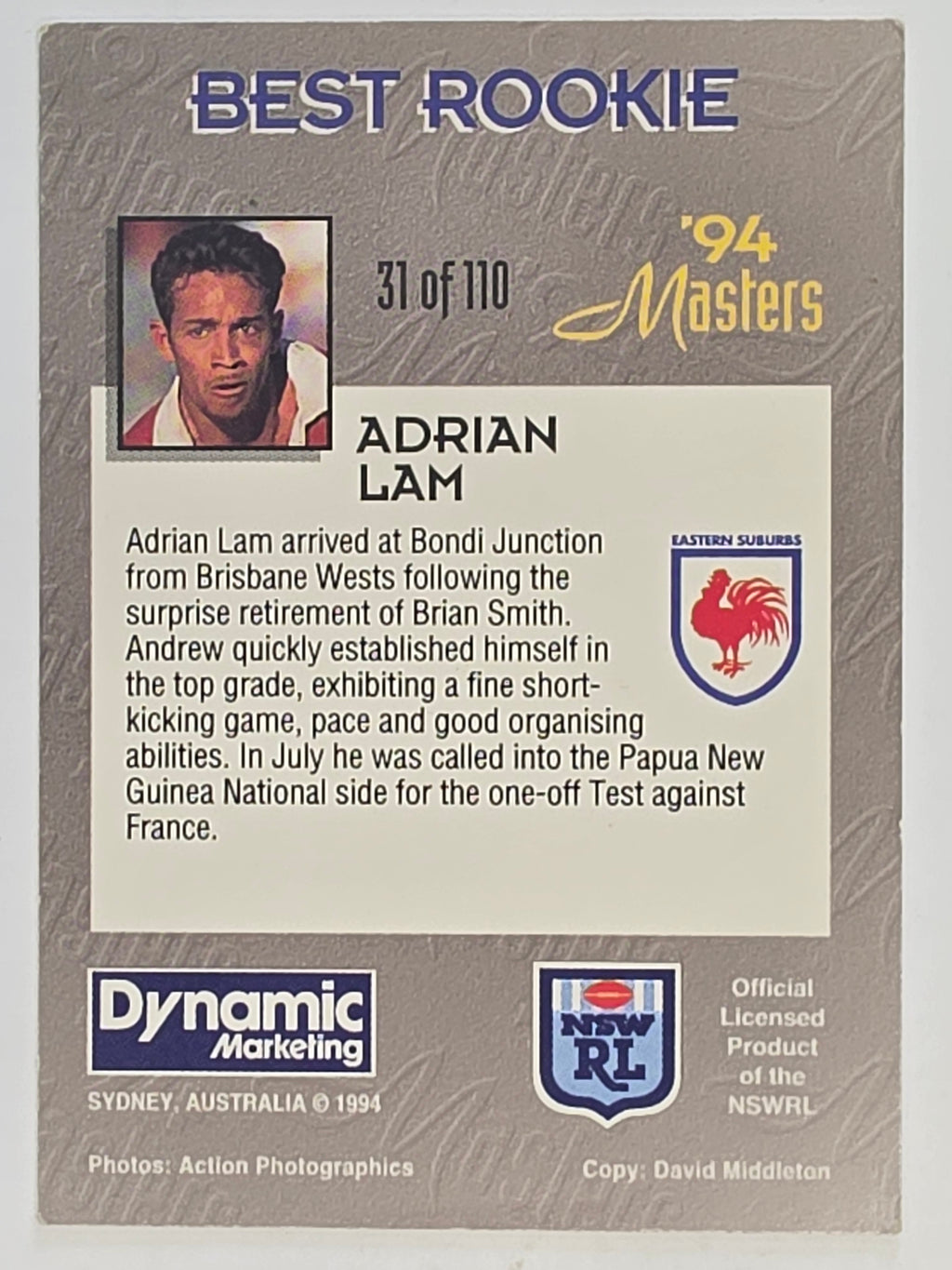 NRL 1994 Masters | #031 Adrian Lam | Eastern Suburbs Roosters