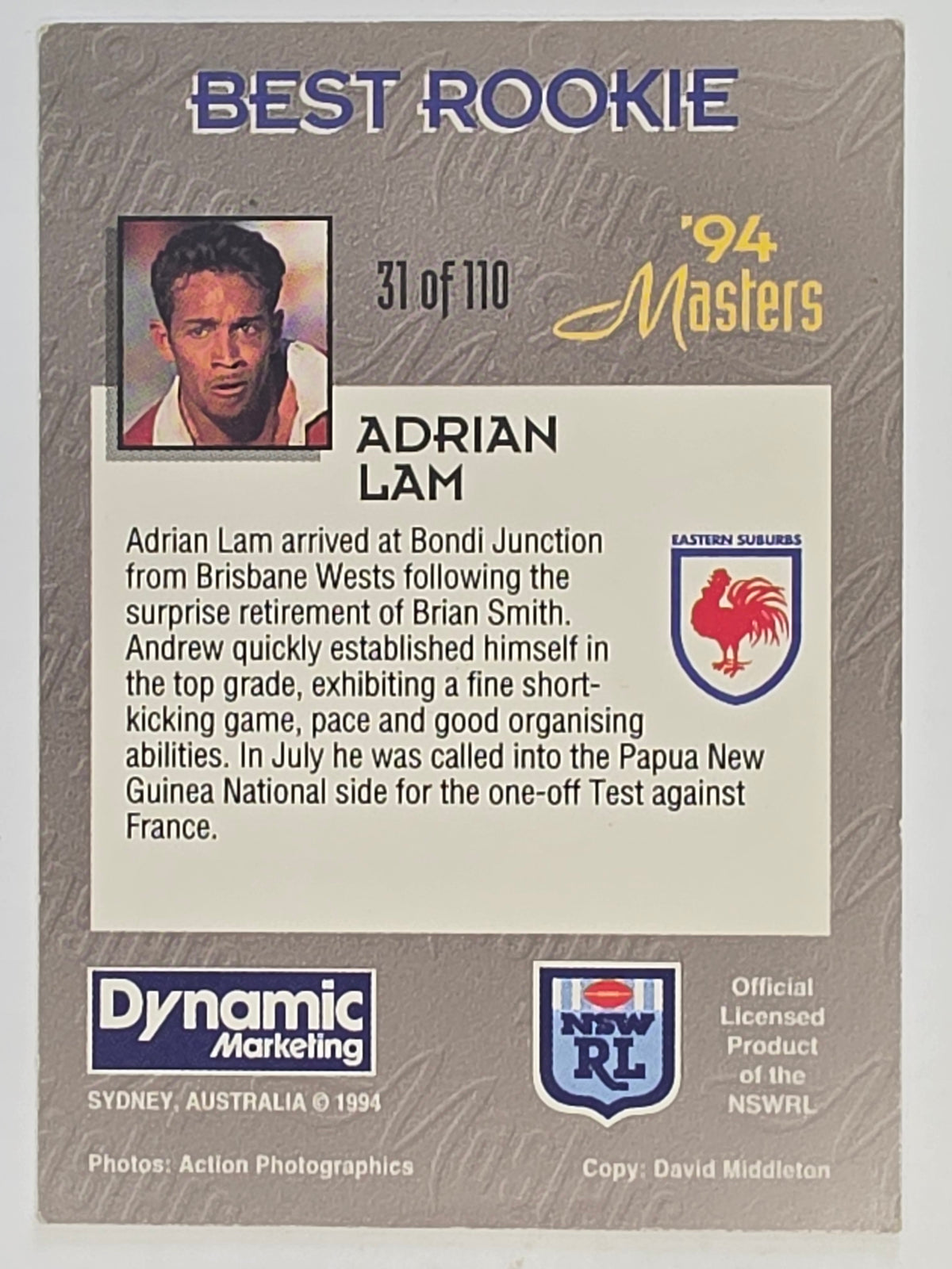 NRL 1994 Masters | #031 Adrian Lam | Eastern Suburbs Roosters