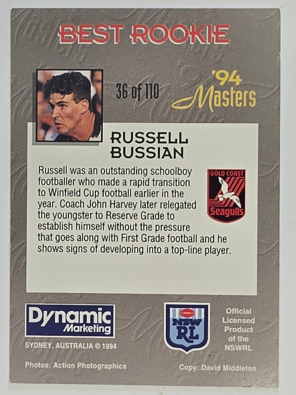 NRL 1994 Masters | #036 Russell Bussian | Gold Coast Seagulls