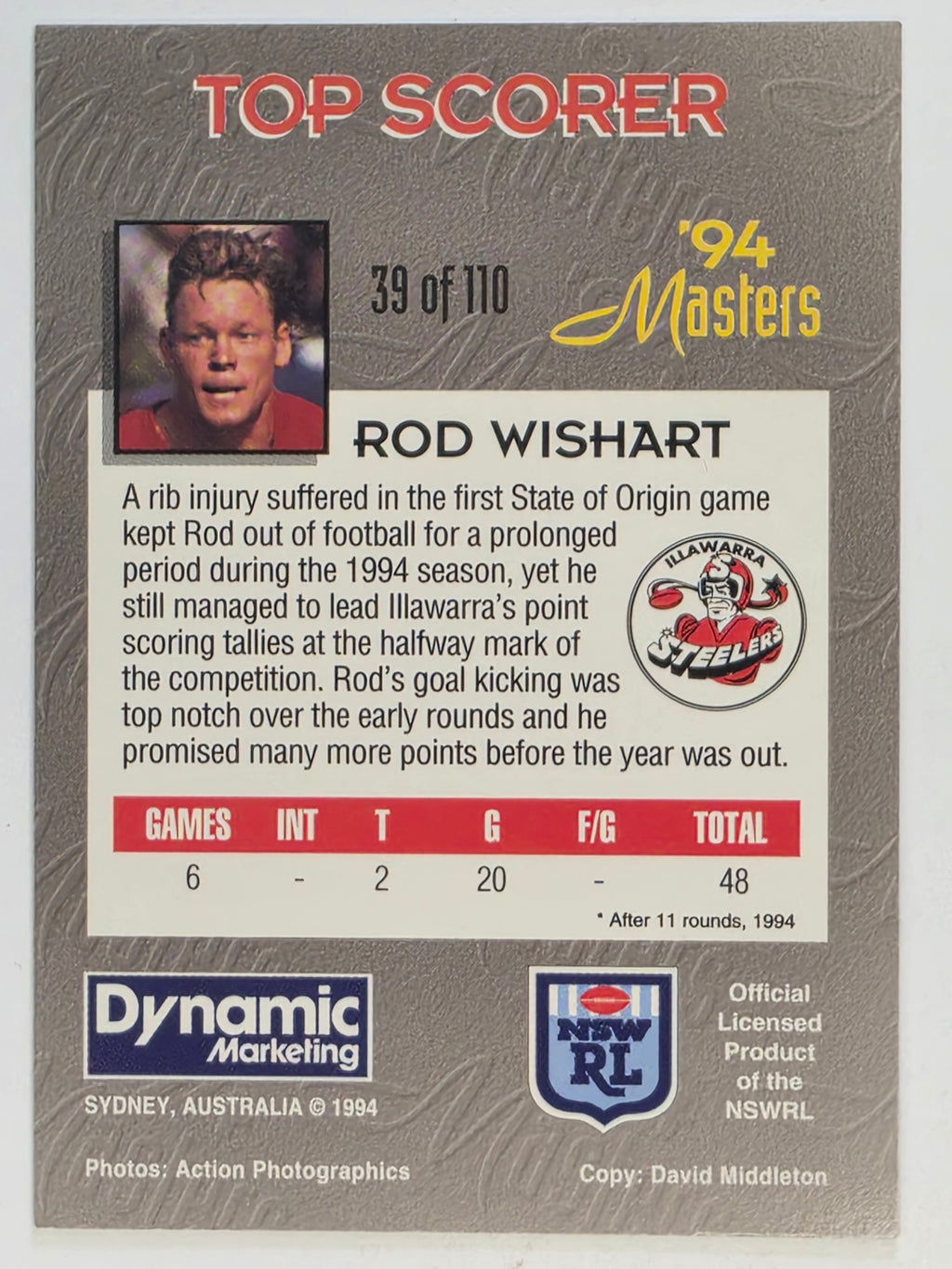 NRL 1994 Masters | #039 Rod Wishart | Illawarra Steelers