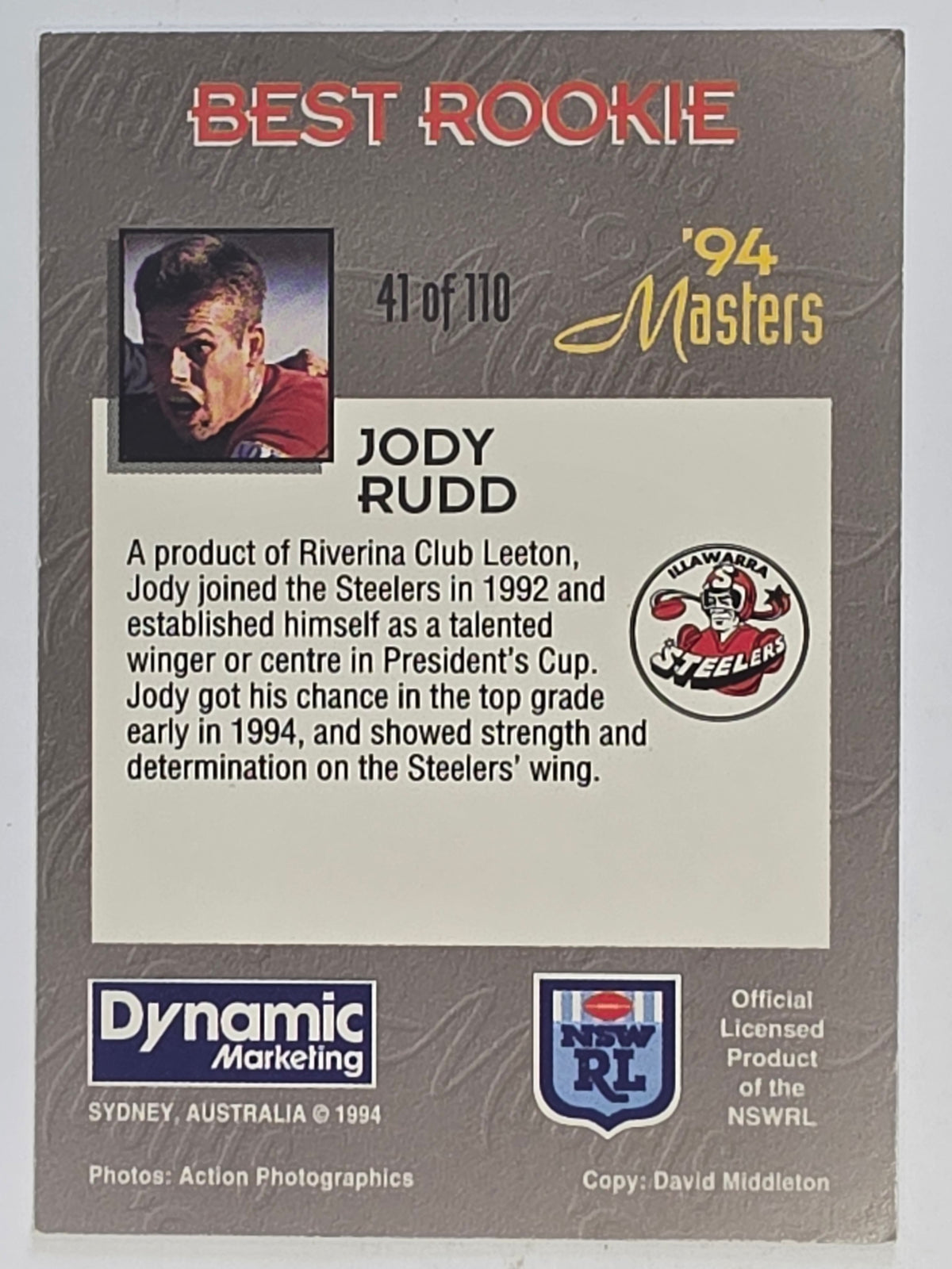 NRL 1994 Masters | #041 Jody Rudd | Illawarra Steelers