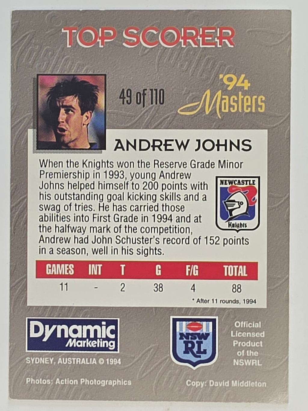 NRL 1994 Masters | #049 Andrew Johns | Newcastle Knights