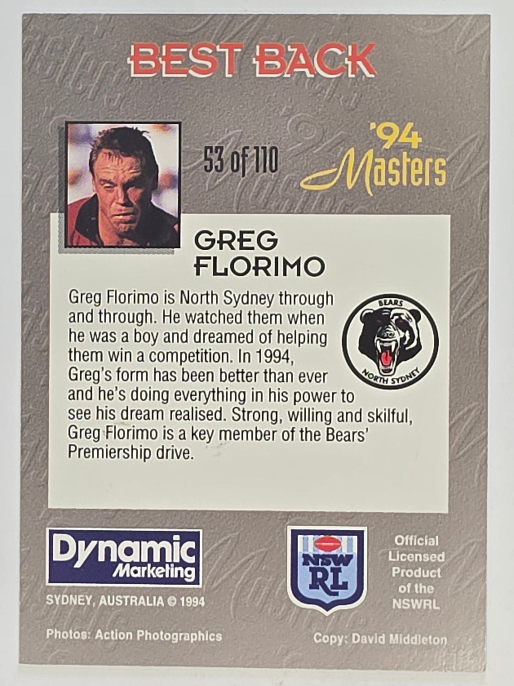 NRL 1994 Masters | #053 Greg Florimo | North Sydney Bears