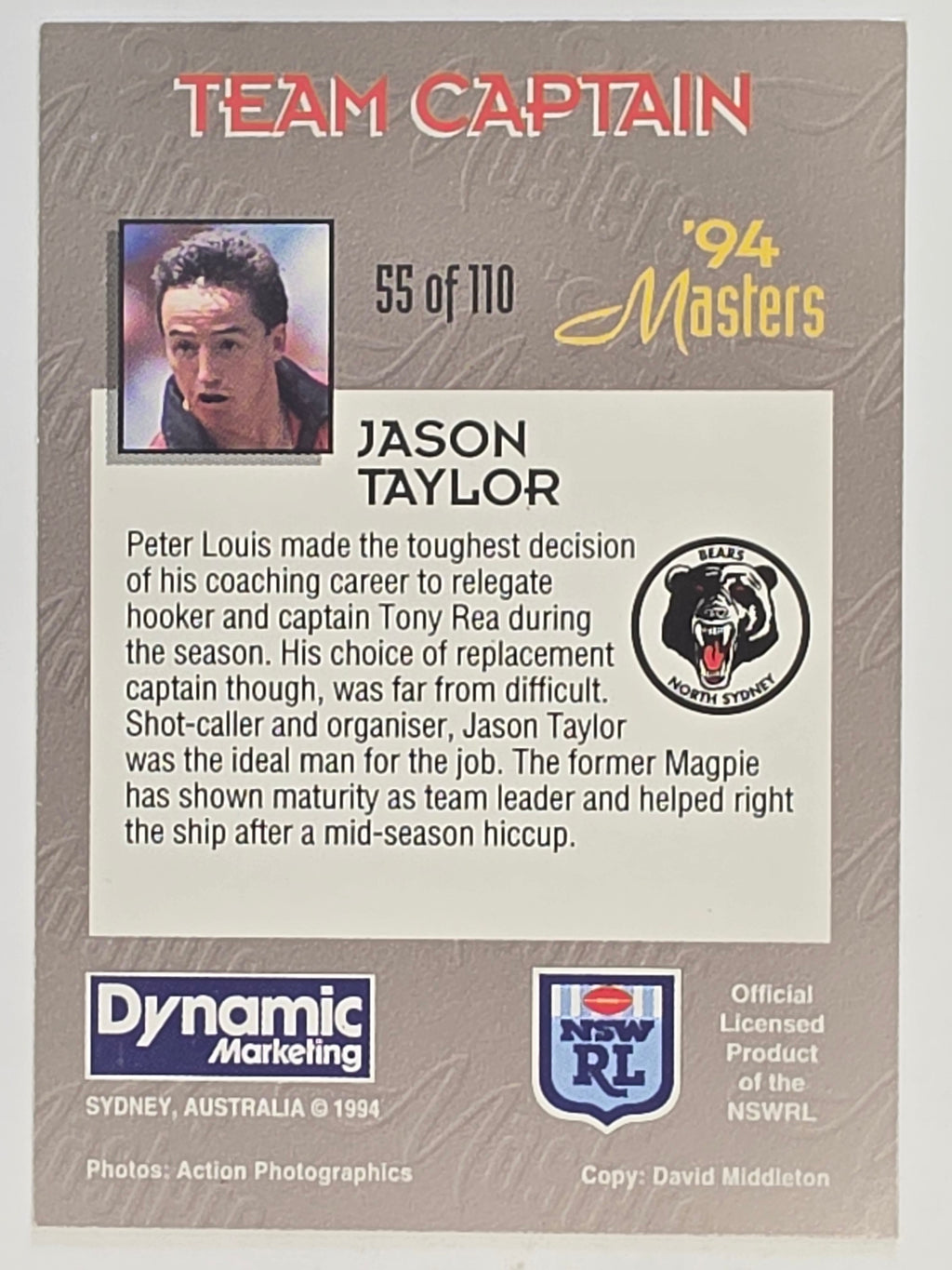 NRL 1994 Masters | #055 Jason Taylor | North Sydney Bears