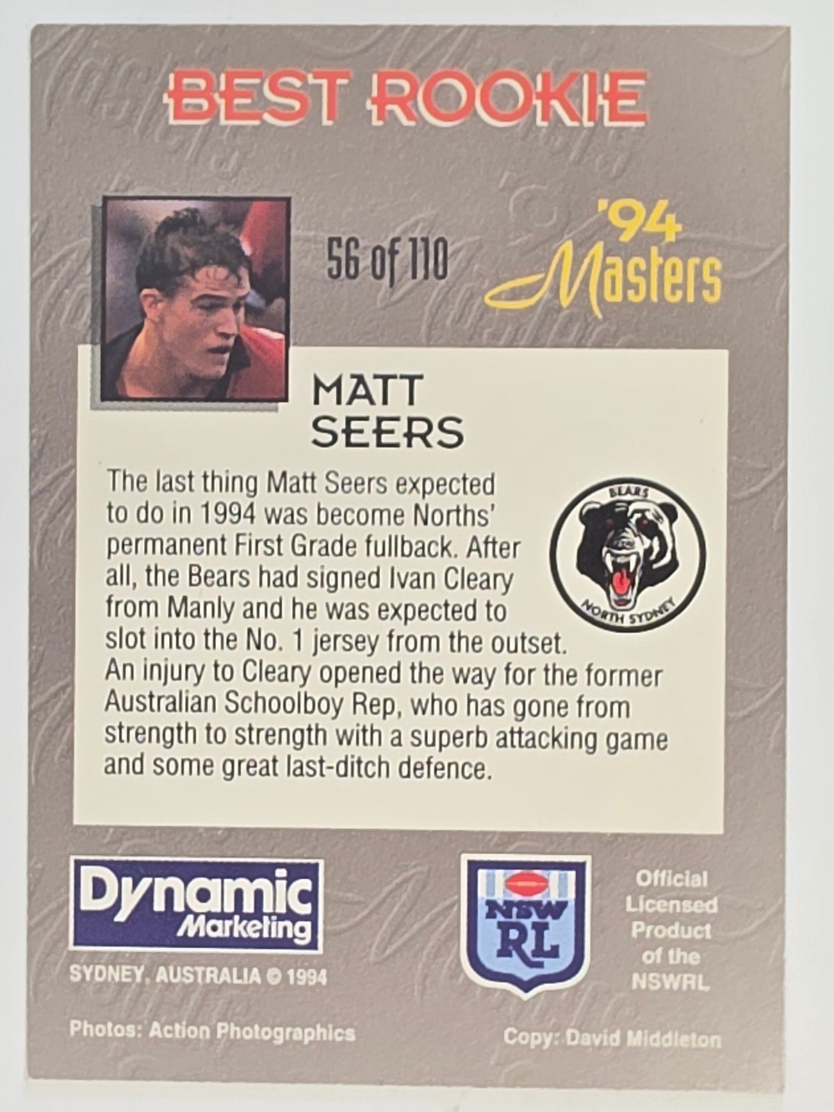 NRL 1994 Masters | #056 Matt Seers | North Sydney Bears