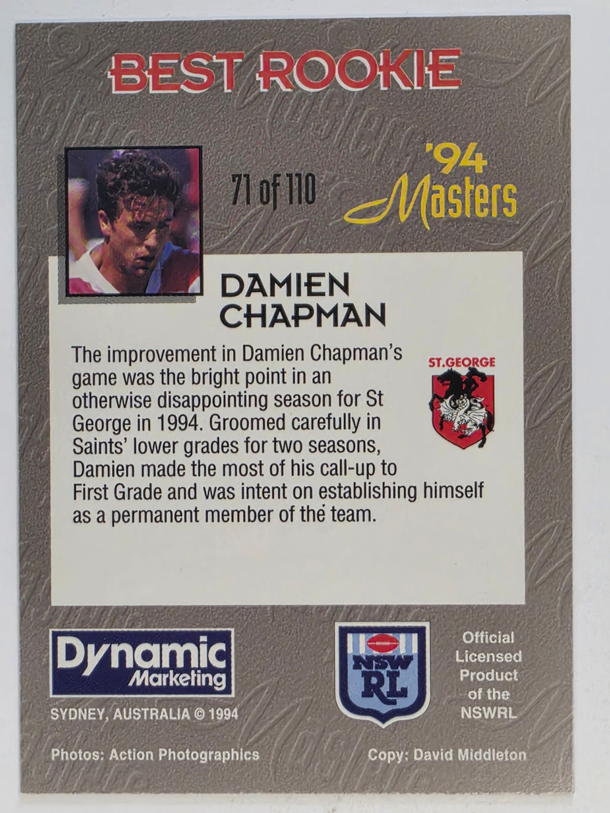 NRL 1994 Masters | #071 Damien Chapman | St George Dragons