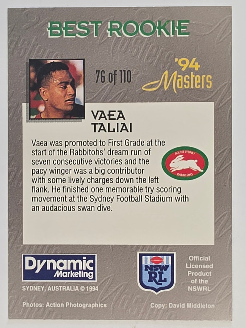 NRL 1994 Masters | #076 Vaea Talai | South Sydney Rabbitohs