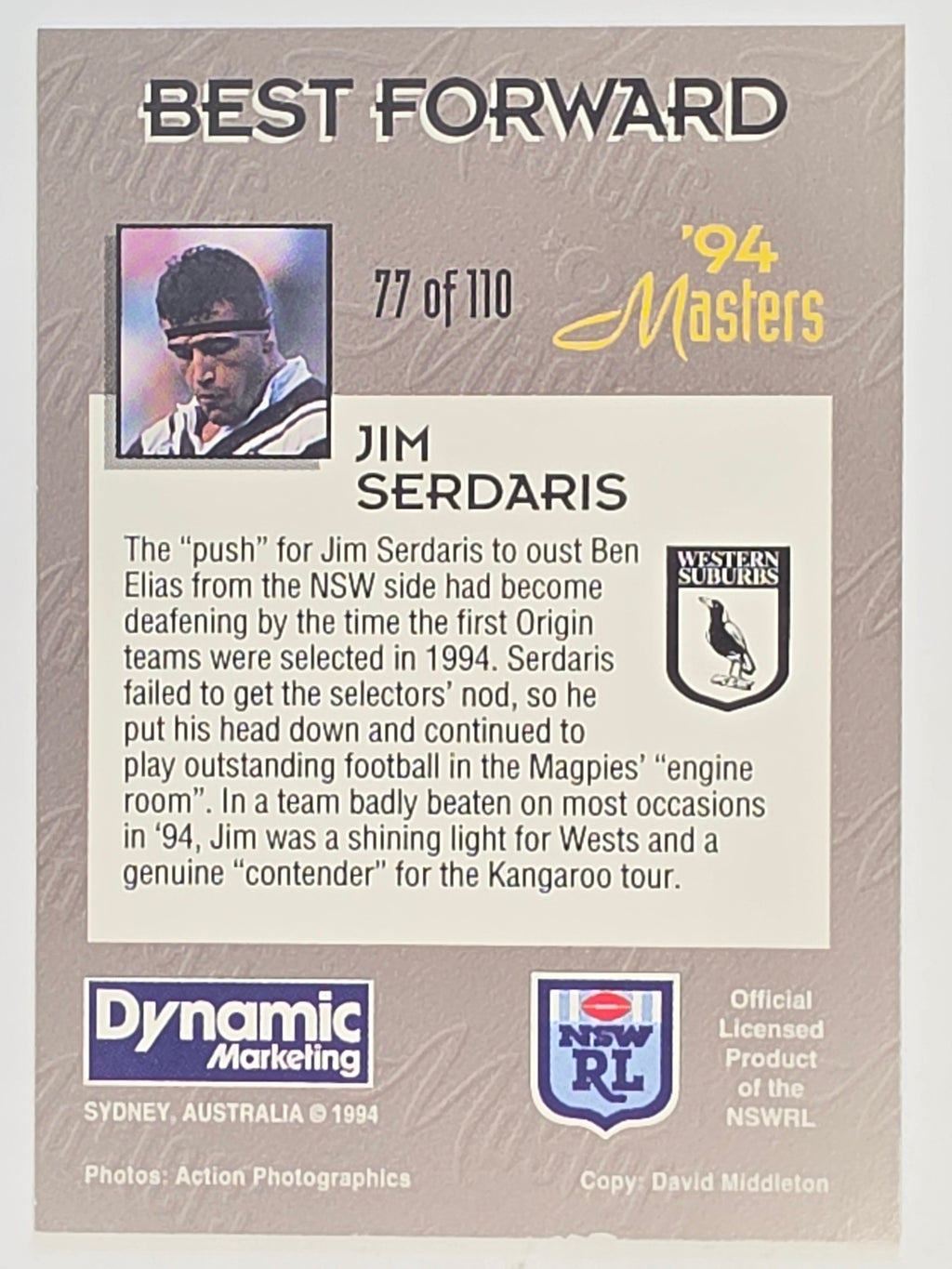 NRL 1994 Masters | #077 Jim Serdaris | Western Suburbs Magpies