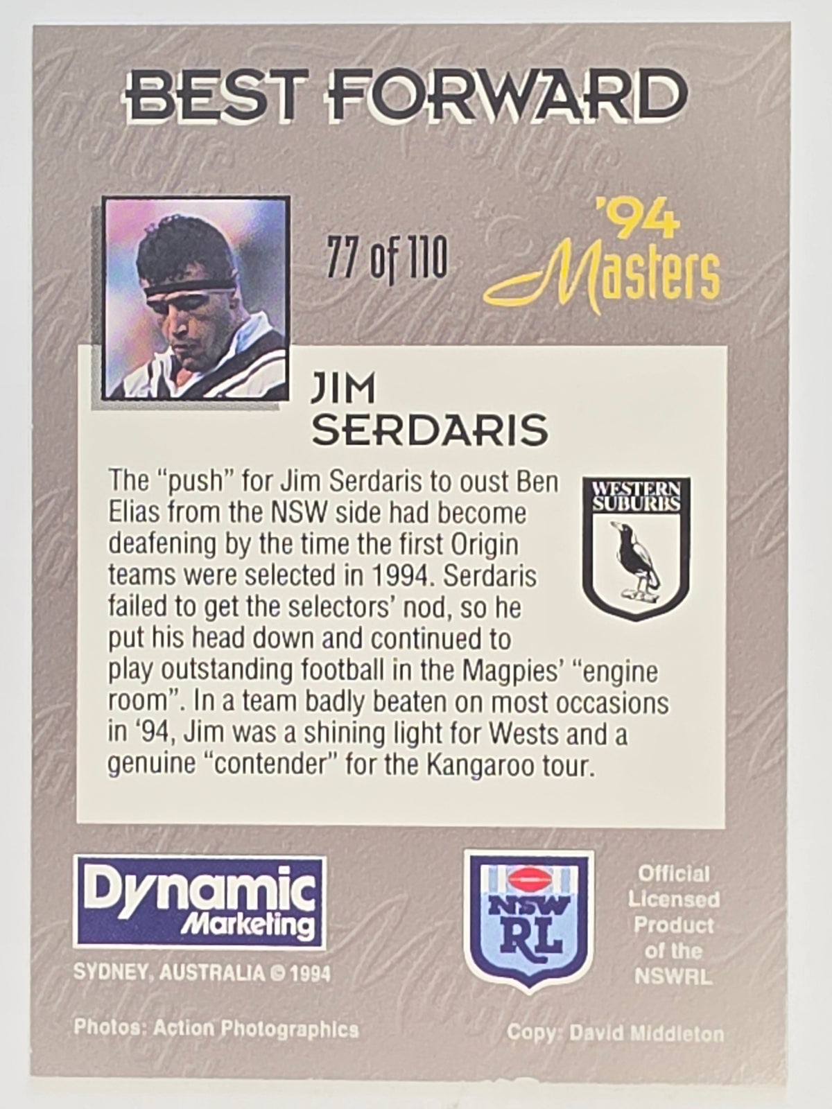 NRL 1994 Masters | #077 Jim Serdaris | Western Suburbs Magpies