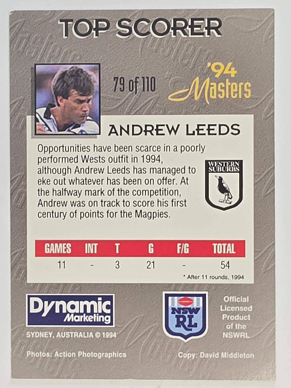 NRL 1994 Masters | #079 Andrew Leeds | Western Suburbs Magpies