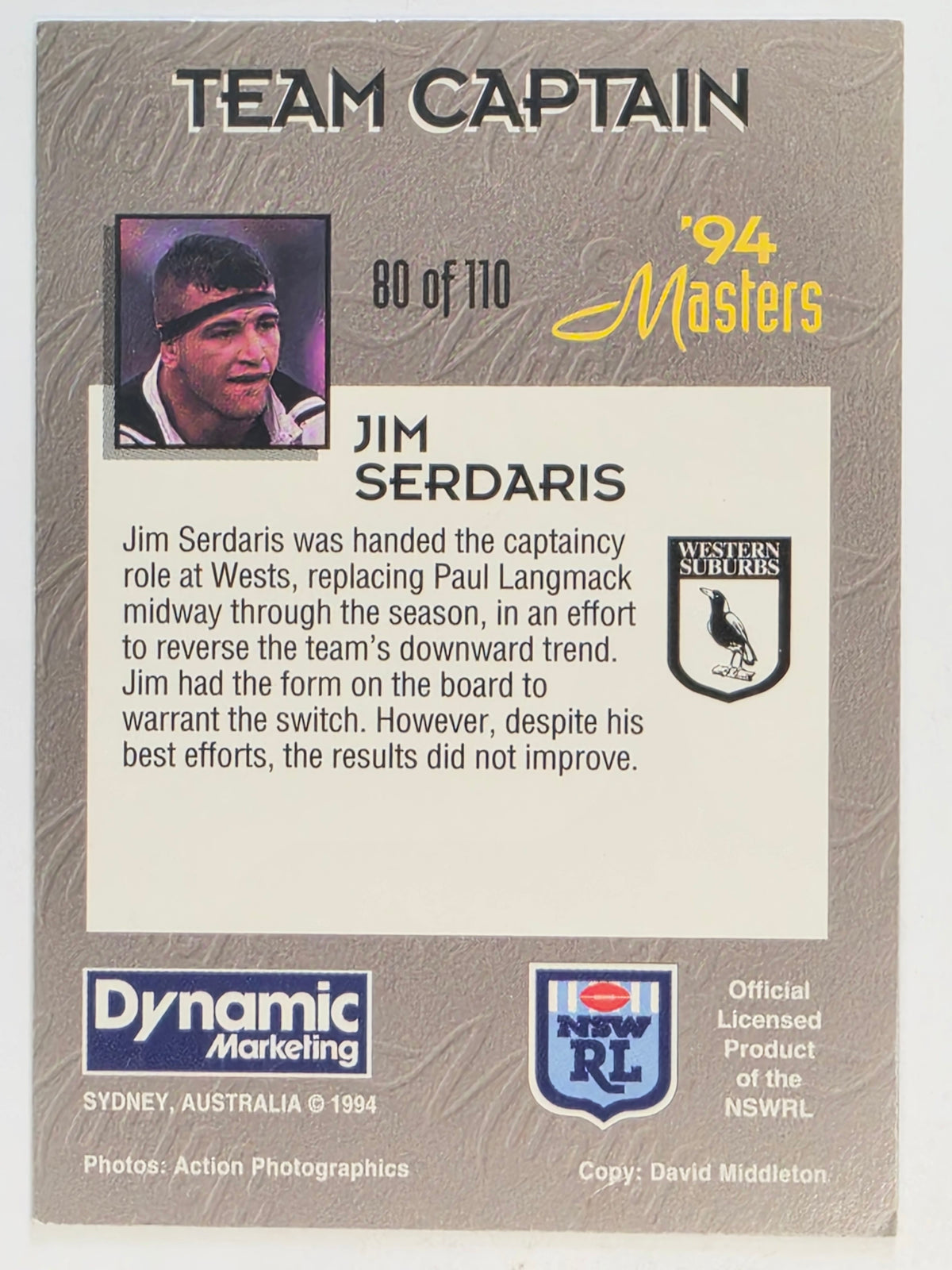 NRL 1994 Masters | #080 Jim Serdaris | Western Suburbs Magpies