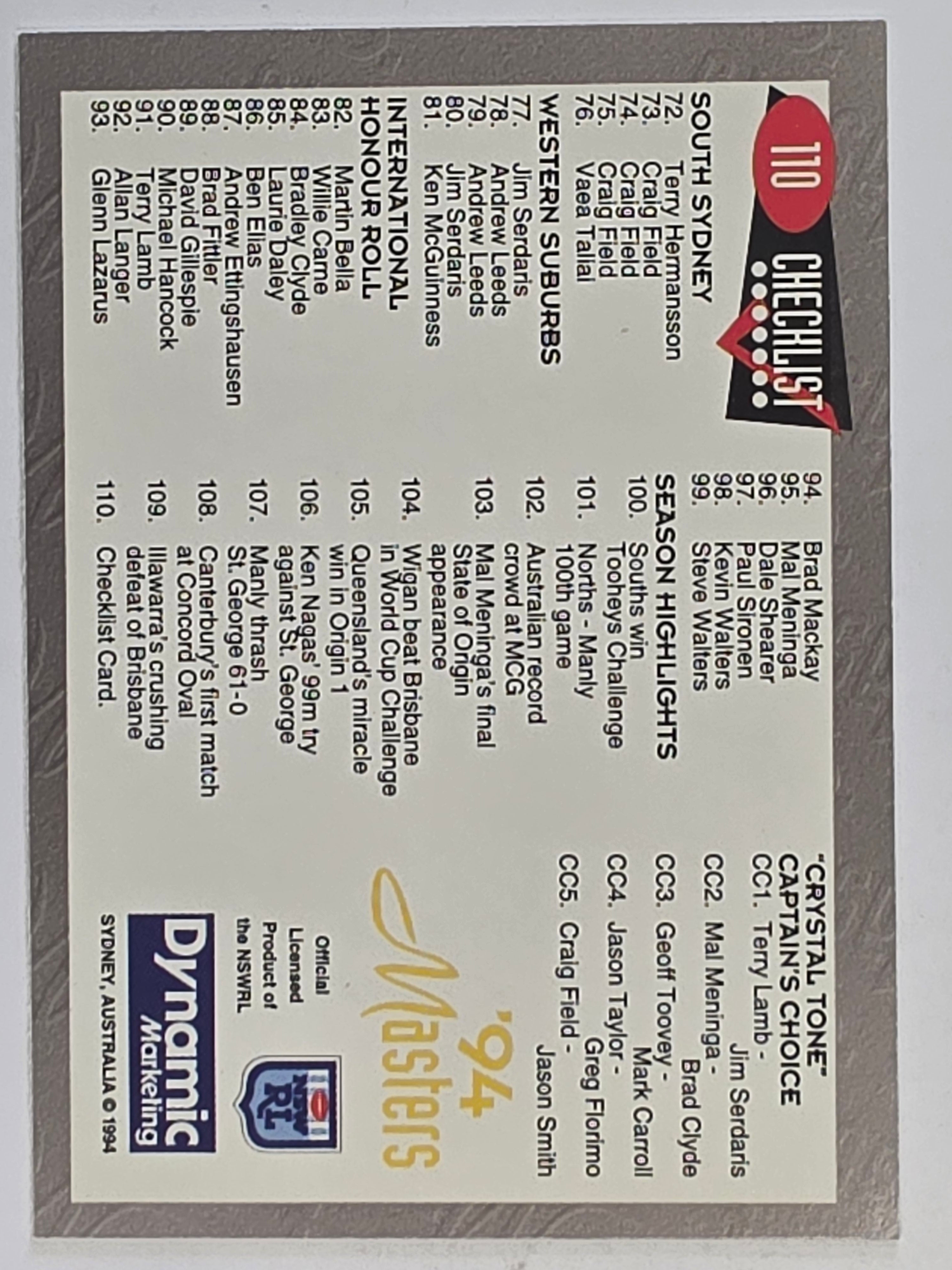 NRL 1994 Masters | #110 Checklist Card