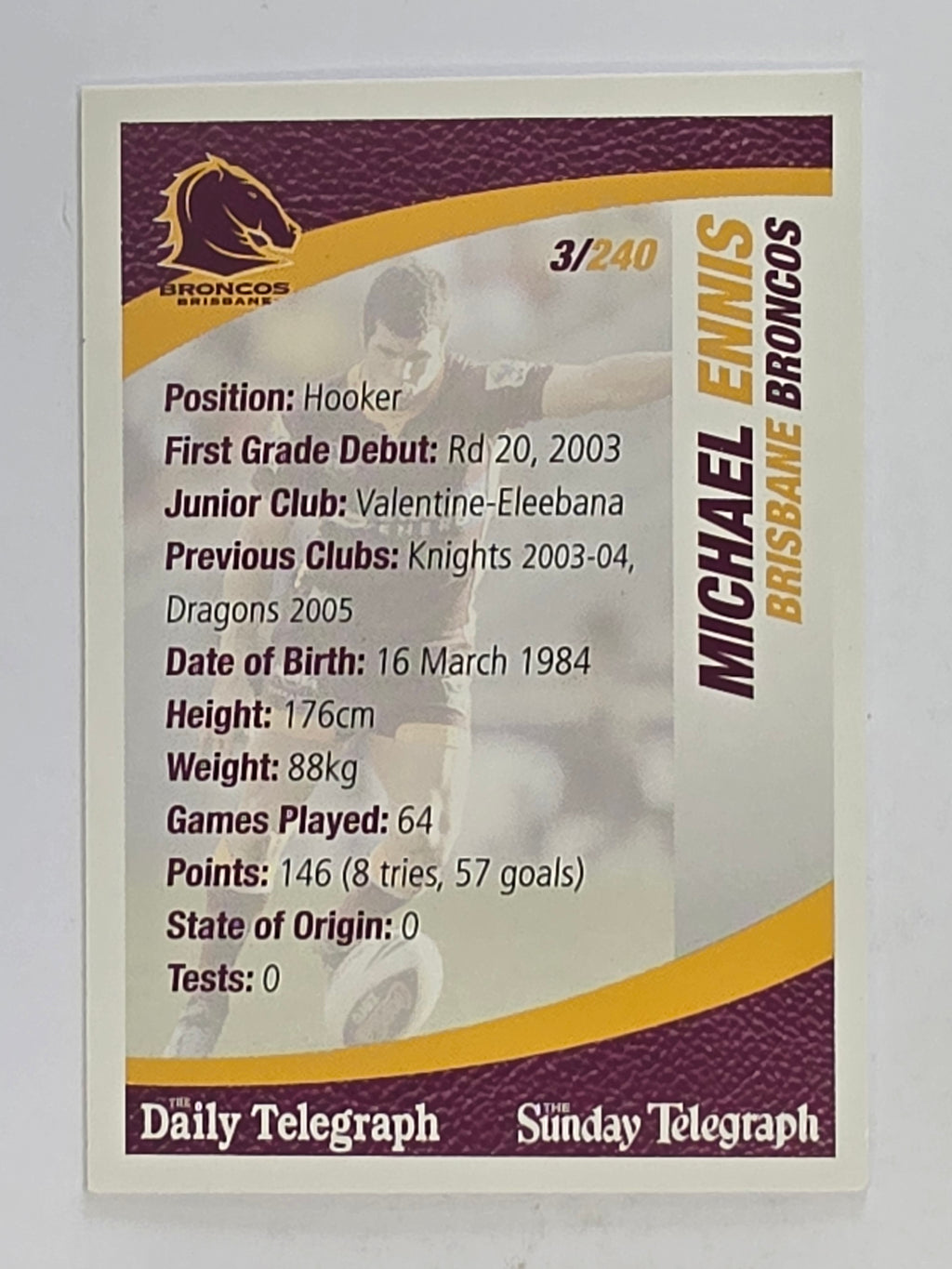 NRL 2008 Daily Telegraph | #003 | Michael Ennis | Brisbane Broncos