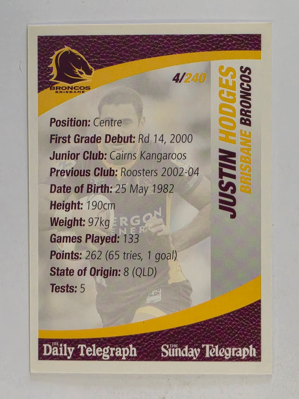 NRL 2008 Daily Telegraph | #004 | Justin Hodges | Brisbane Broncos