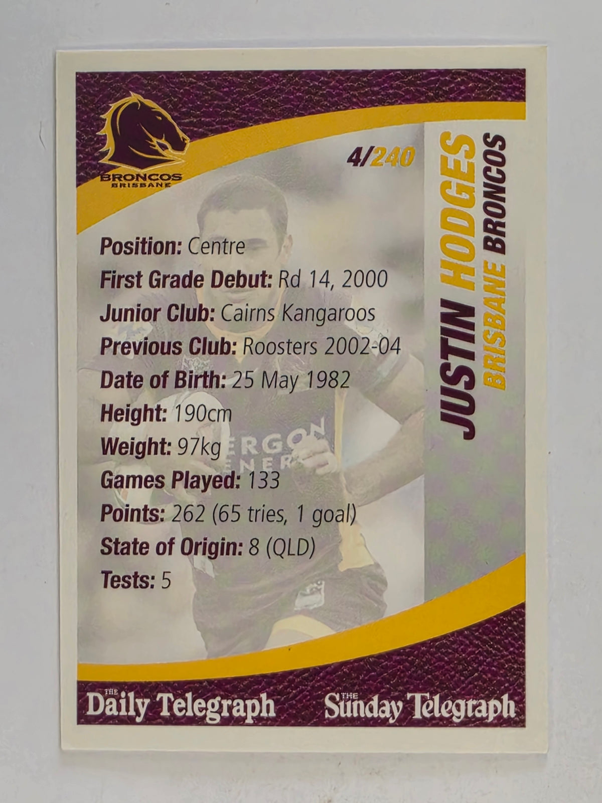 NRL 2008 Daily Telegraph | #004 | Justin Hodges | Brisbane Broncos