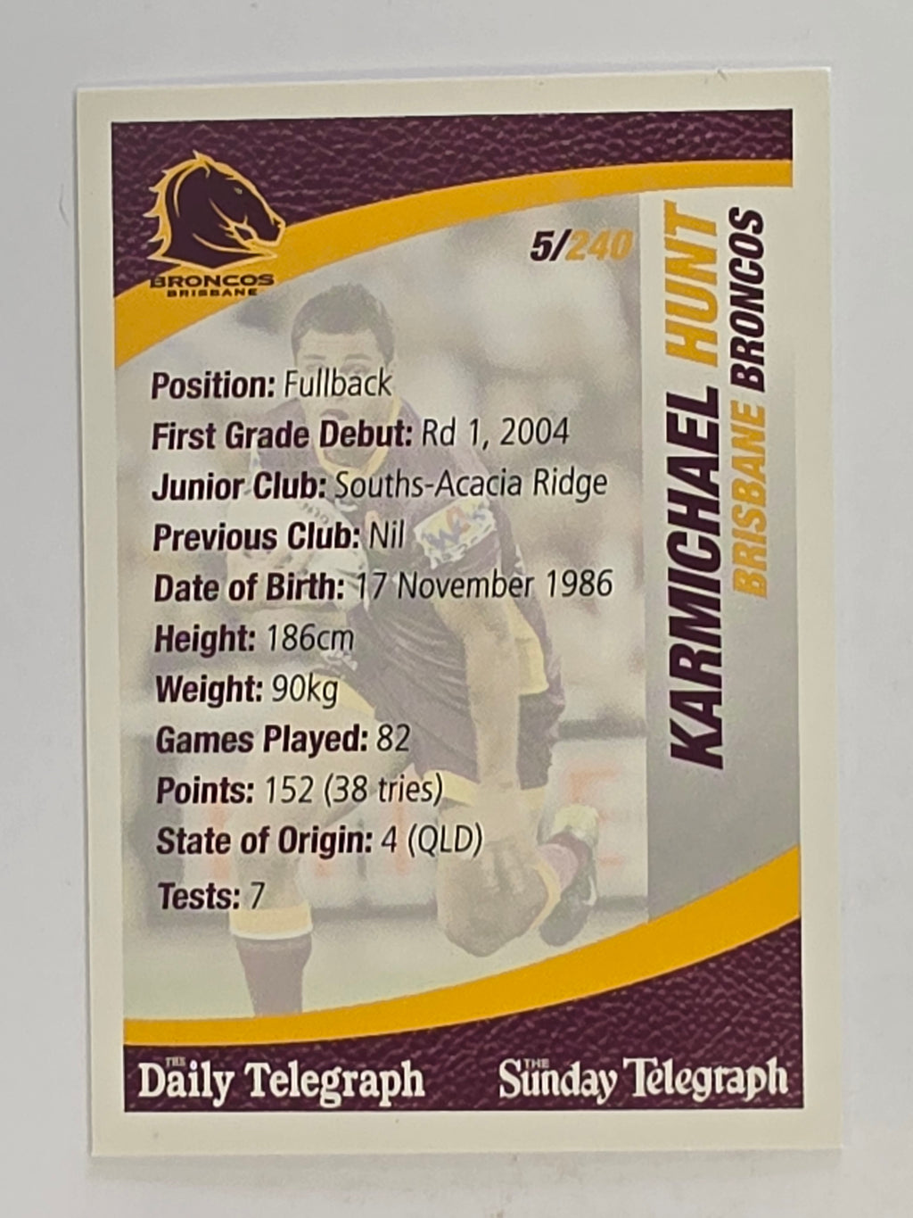 NRL 2008 Daily Telegraph | #005 | Karmichael Hunt | Brisbane Broncos