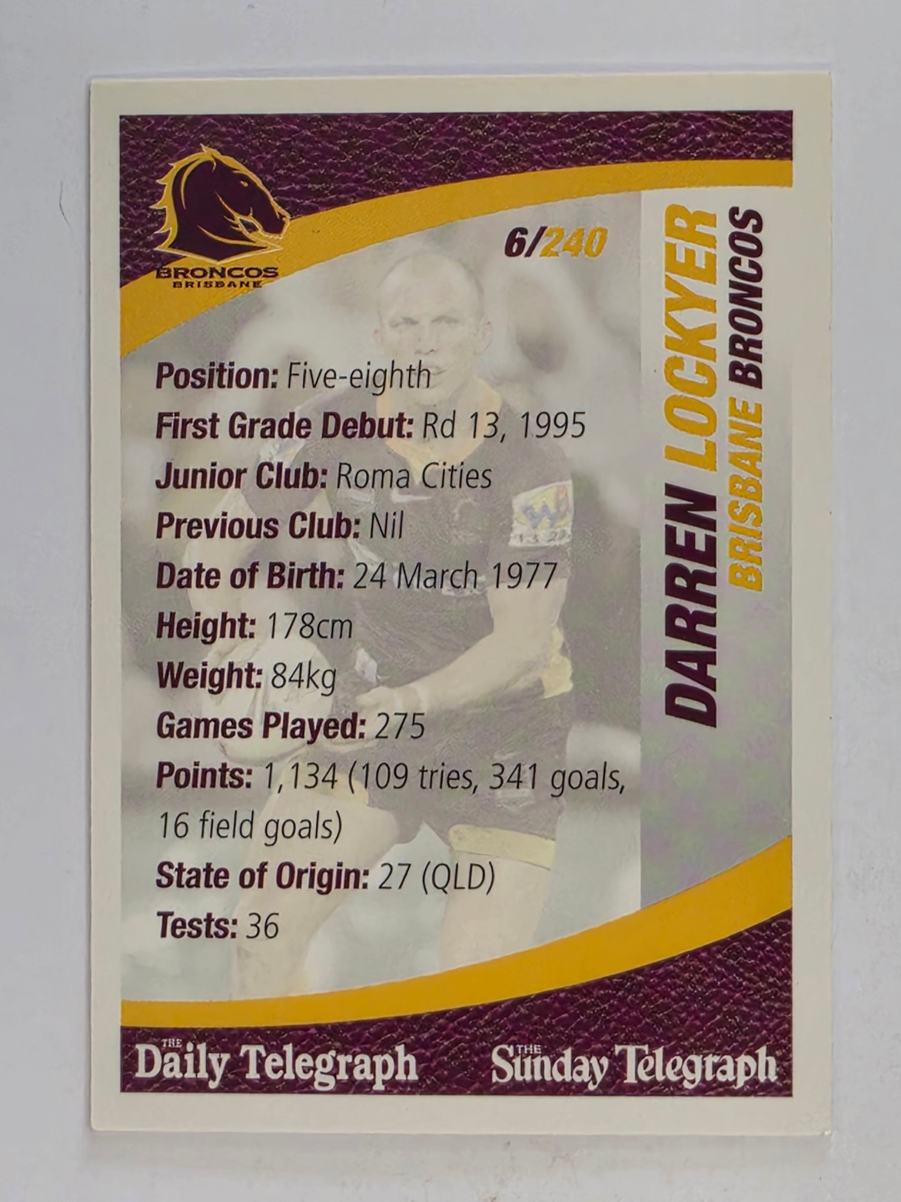 NRL 2008 Daily Telegraph | #006 | Darren Lockyer | Brisbane Broncos