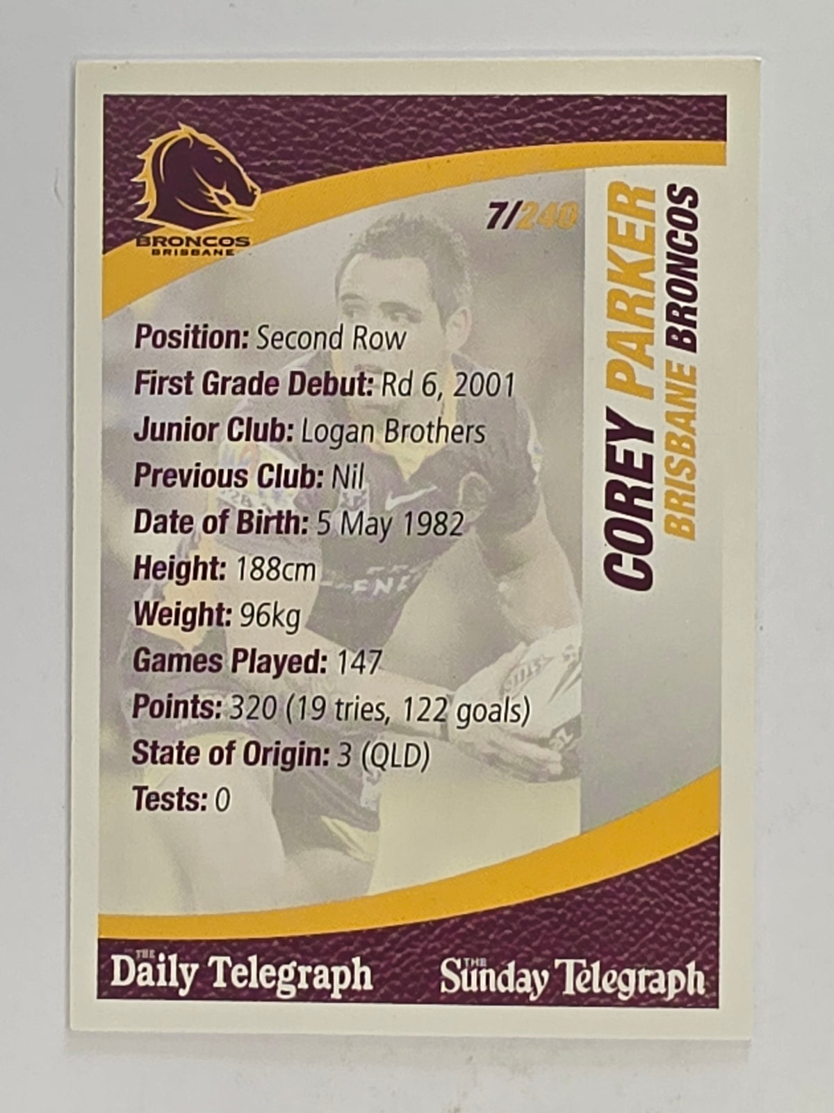 NRL 2008 Daily Telegraph | #007 | Corey Parker | Brisbane Broncos