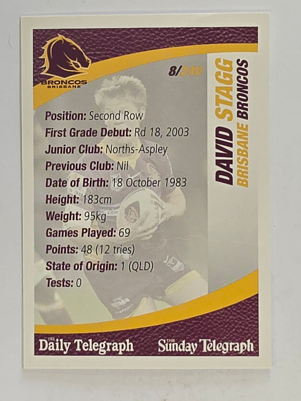 NRL 2008 Daily Telegraph | #008 | David Stagg | Brisbane Broncos