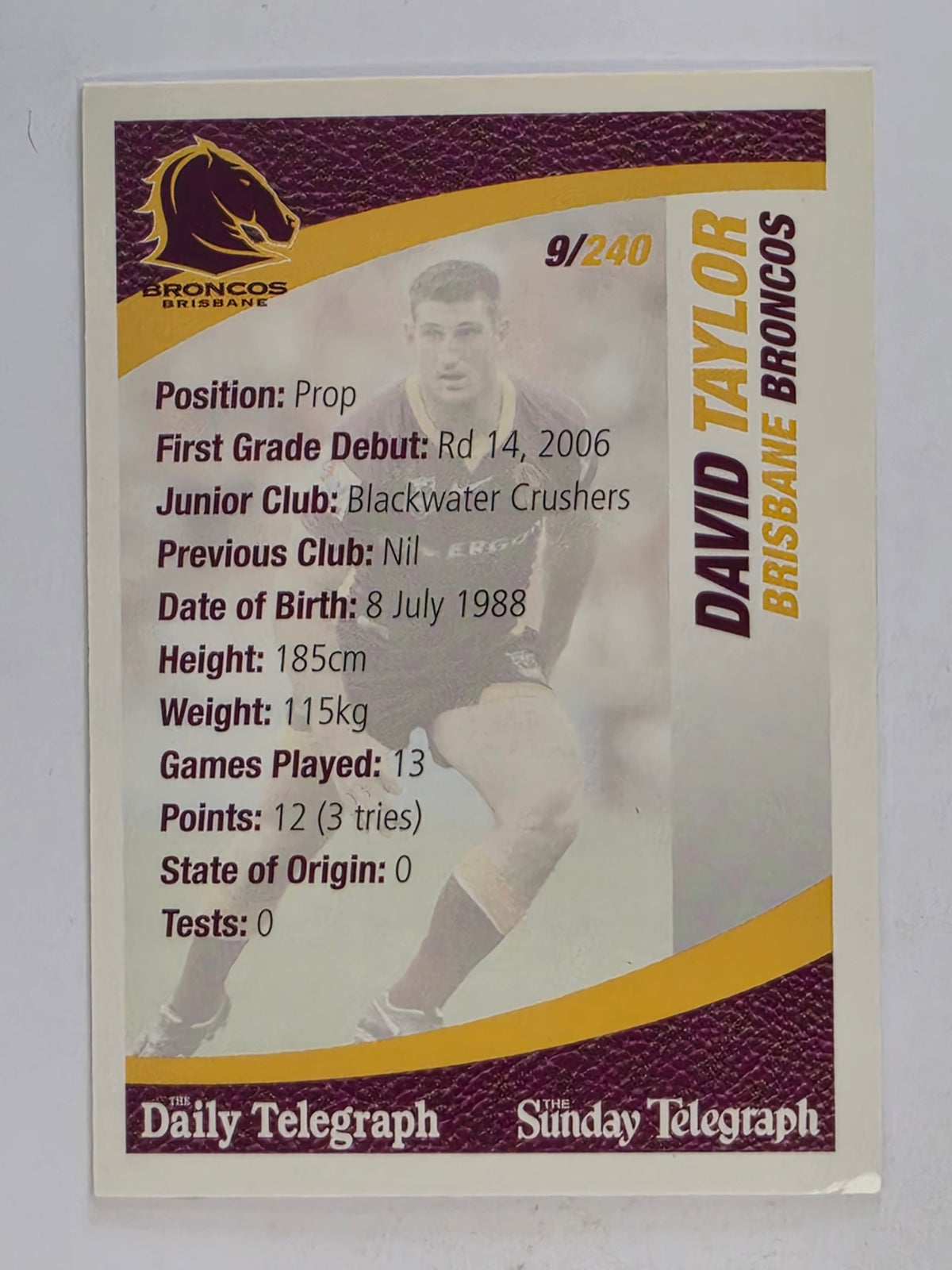 NRL 2008 Daily Telegraph | #009 | David Taylor | Brisbane Broncos