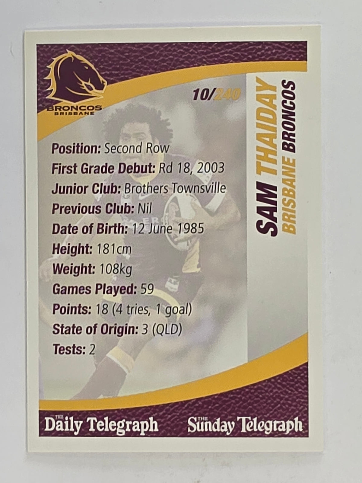 NRL 2008 Daily Telegraph | #010 | Sam Thaiday | Brisbane Broncos