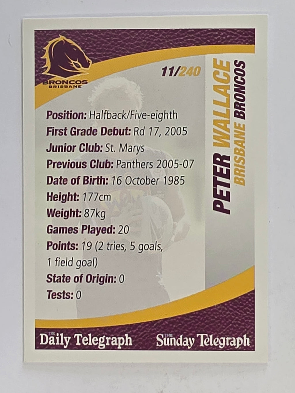 NRL 2008 Daily Telegraph | #011 | Peter Wallace | Brisbane Broncos