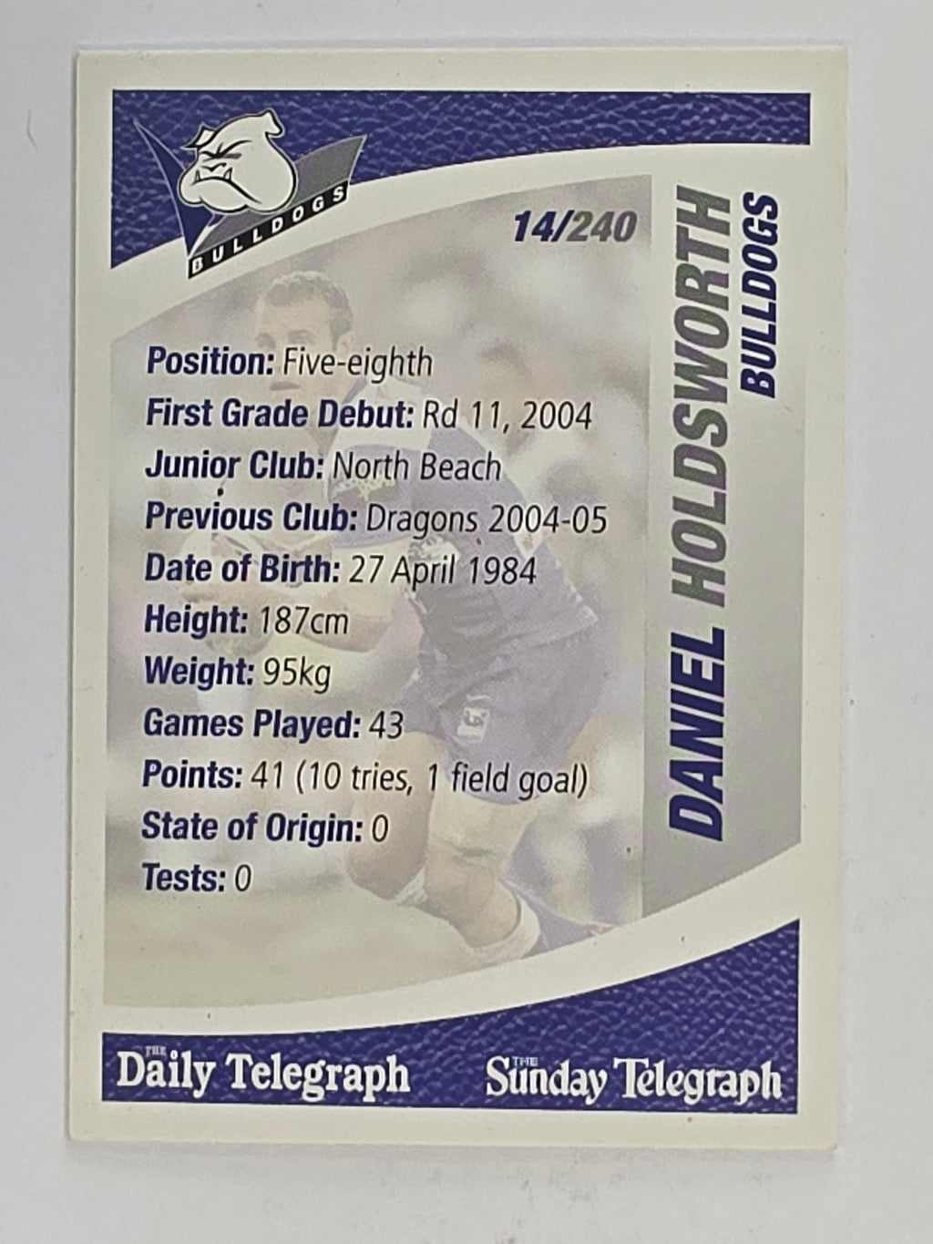 NRL 2008 Daily Telegraph | #014 | Daniel Holdsworth | Canterbury Bankstown Bulldogs