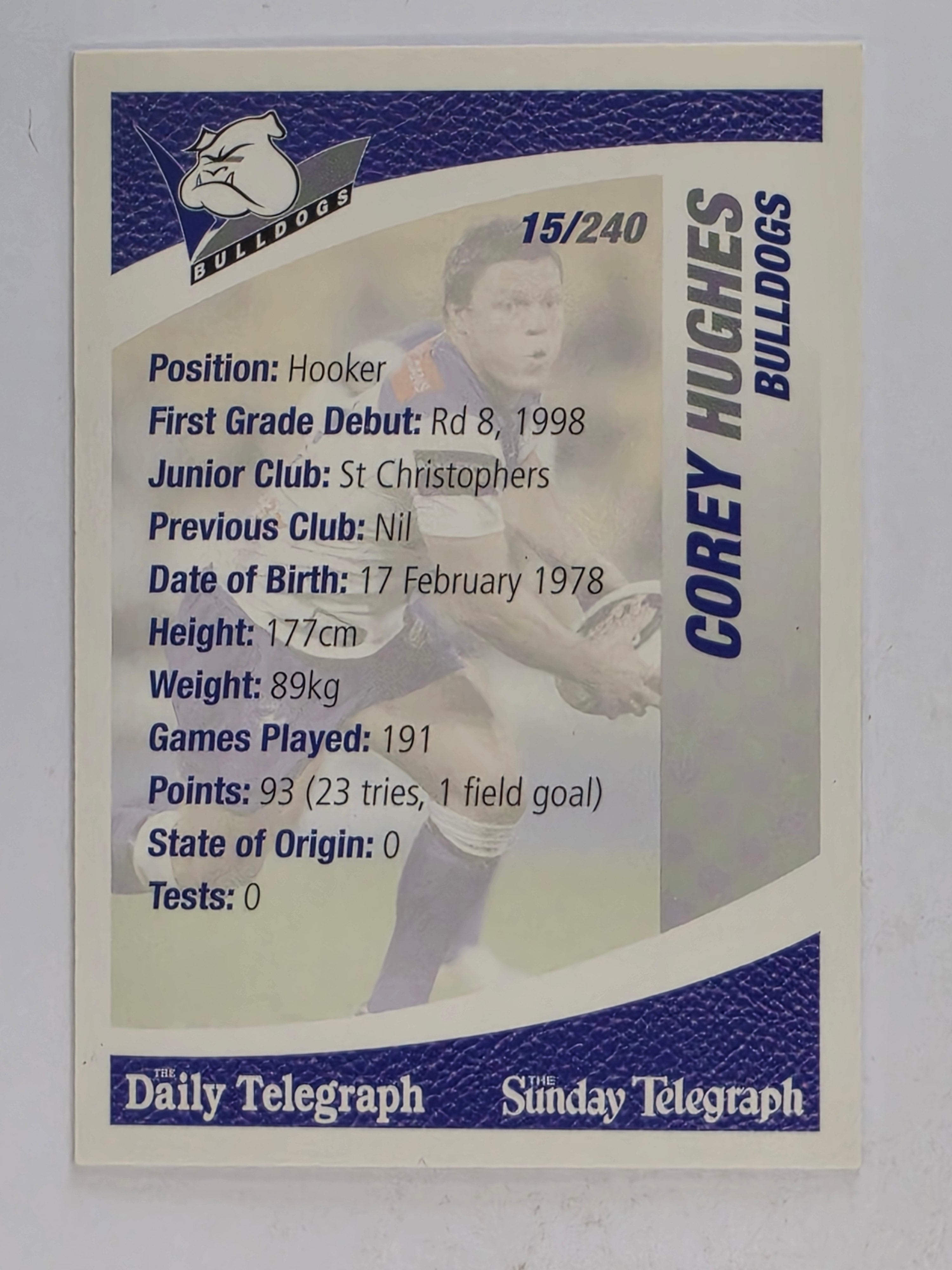 NRL 2008 Daily Telegraph | #015 | Corey Hughes | Canterbury Bankstown Bulldogs